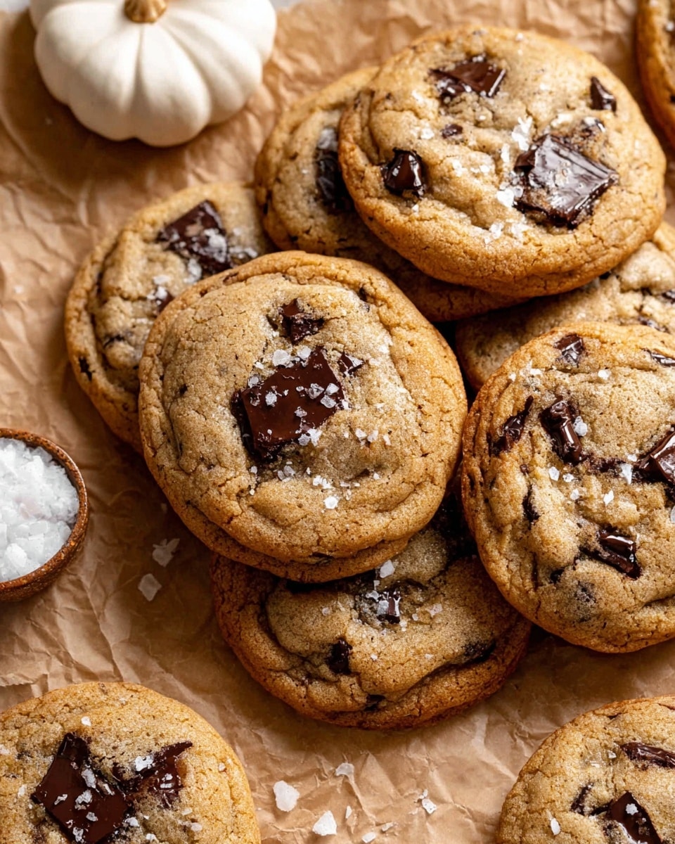 A group of soft, round chocolate chip cookies with a light golden-brown color, scattered dark melted chocolate pieces, and a light sprinkling of coarse salt on top; the cookies have a slightly cracked surface texture and are arranged in a close pile on crinkled brown parchment paper, with a small white decorative pumpkin sitting to the side on a white marbled surface photo taken with an iphone --ar 4:5 --v 7