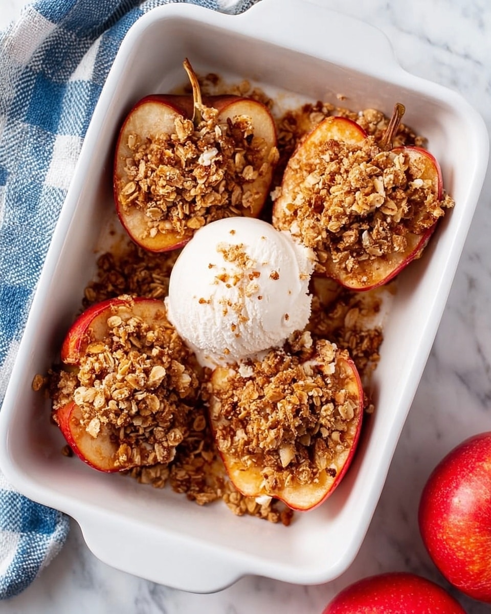 The image shows sliced apples topped with a crumbly oat and brown sugar mixture in a white baking dish and two white bowls. Each apple slice is covered with a golden-brown oat crumble that looks crunchy and textured. One white bowl contains two apple slices with the oat topping and two scoops of creamy white ice cream on the side. The bakeware and bowls are placed on a white marbled surface next to a whole red apple and a blue-checked cloth. There are two silver spoons lying near the bowl, and a woman's hand is partially visible holding the edge of the baking dish. Photo taken with an iphone --ar 4:5 --v 7