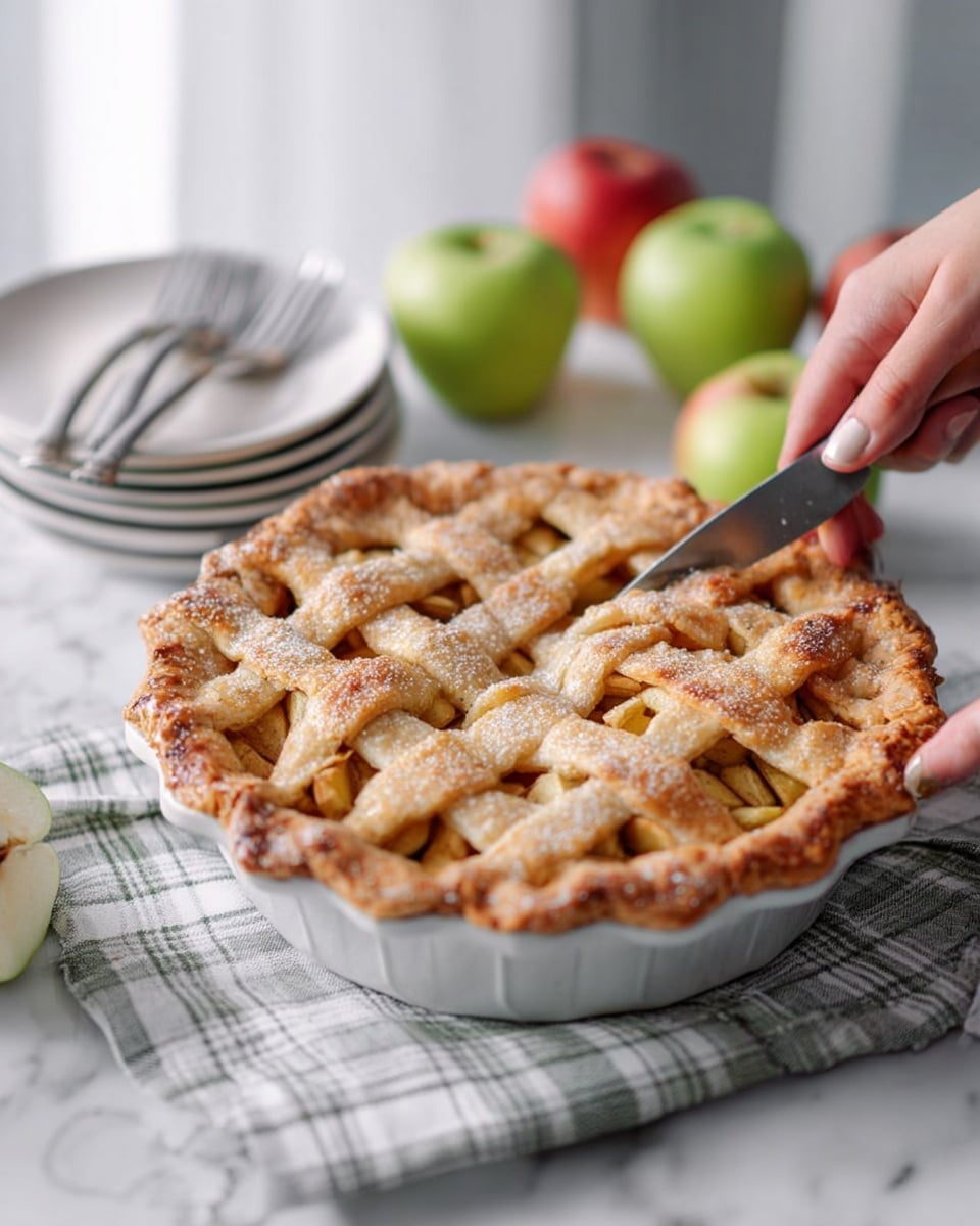 A golden-brown lattice apple pie with a sugar-crusted top is shown being sliced by a woman's hand holding a knife. The pie sits in a white ceramic dish on a white marbled surface with a gray checkered cloth underneath. To the side, there are three fresh green and red apples and a stack of four white plates with three forks resting on them. The background is softly blurred with white and light gray tones, creating a cozy kitchen feel. photo taken with an iphone --ar 4:5 --v 7