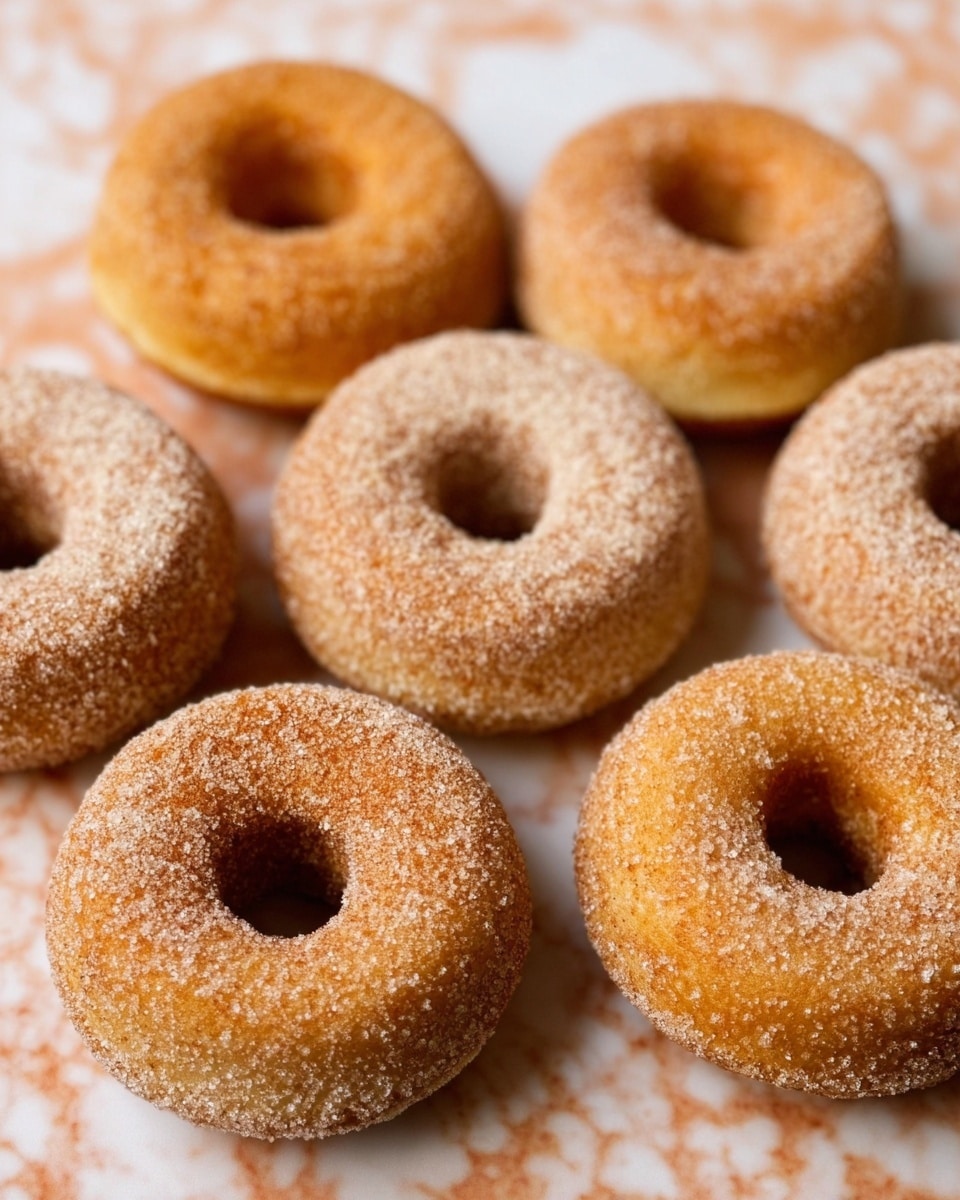 The image shows seven small donuts with a golden brown color and a light dusting of white sugar coating all over. Each donut has a smooth, round shape with a hole in the middle, placed close together on a surface with a white marbled texture. The donuts have a soft and slightly textured appearance, suggesting they are fresh and tender. Photo taken with an iphone --ar 4:5 --v 7