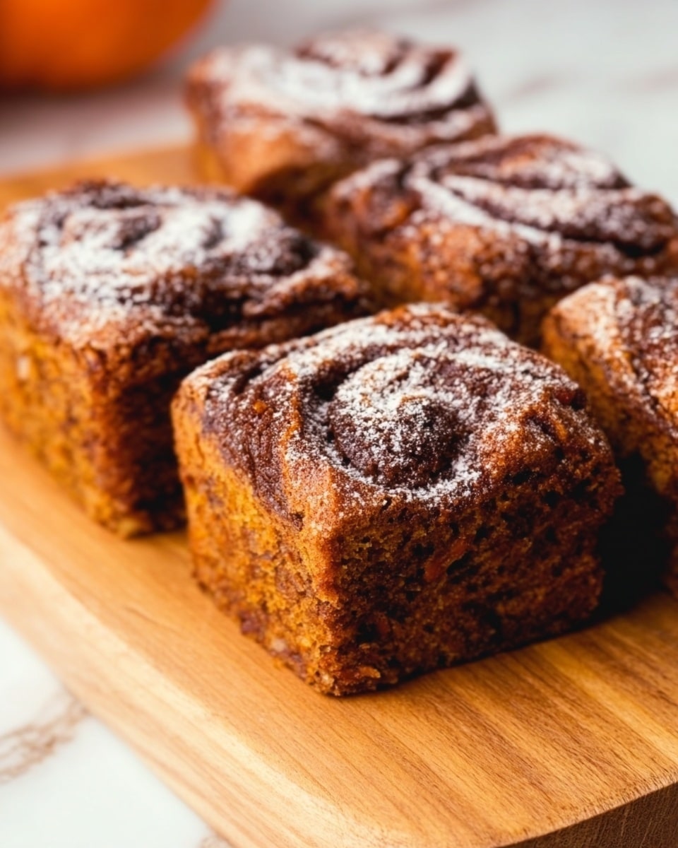 Three slices of brown pumpkin bread with a rough texture, showing small holes and crumbly edges, arranged on brown parchment paper over a silver cooling rack. The slices have a darker brown crust on top and are sprinkled with cinnamon sugar. The whole setup is placed on a round wooden board with a white marbled background. Photo taken with an iphone --ar 4:5 --v 7
