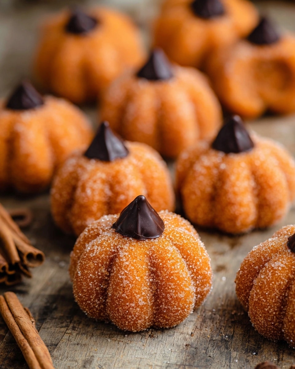 The image shows many small pumpkin-shaped desserts arranged closely on a wooden board. Each pumpkin has a rough orange sugar-coated surface with visible sparkling sugar grains. The pumpkins have carved lines running vertically to show the pumpkin segments. On the top center of each pumpkin is a small dark brown piece resembling a pumpkin stem. The background is blurred but shows more pumpkins, making the focus on the front pumpkins strong. photo taken with an iphone --ar 4:5 --v 7