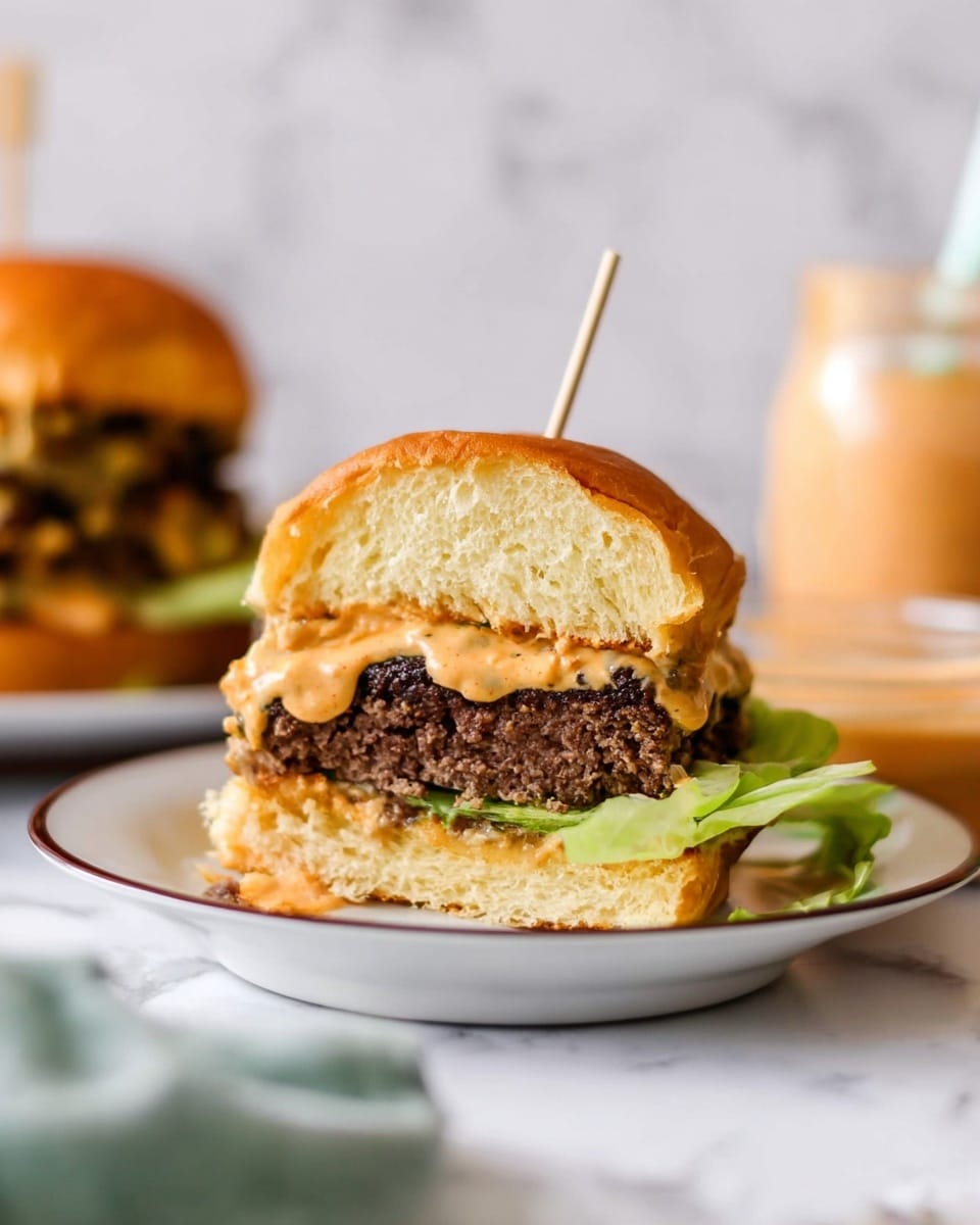 A burger sliced in half sits on a white plate with a dark rim, showing three layers inside: a soft golden bun on top and bottom, a thick brown meat patty with melted light cheese, and green lettuce and red tomato beneath. Next to the burger halves are slices of bright green pickles. A knife with a wooden handle rests beside the plate. Above, another full burger with a shiny golden bun layered with green lettuce and tomato is on white paper over a white plate with green checkered trim. To the left, a small white plate holds red tomato slices and green pickles, and a creamy orange sauce in a glass cup stands near the top left. All sits on a white marbled textured surface with a glimpse of a woman's hand holding a striped cloth near the bottom right. Photo taken with an iphone --ar 4:5 --v 7