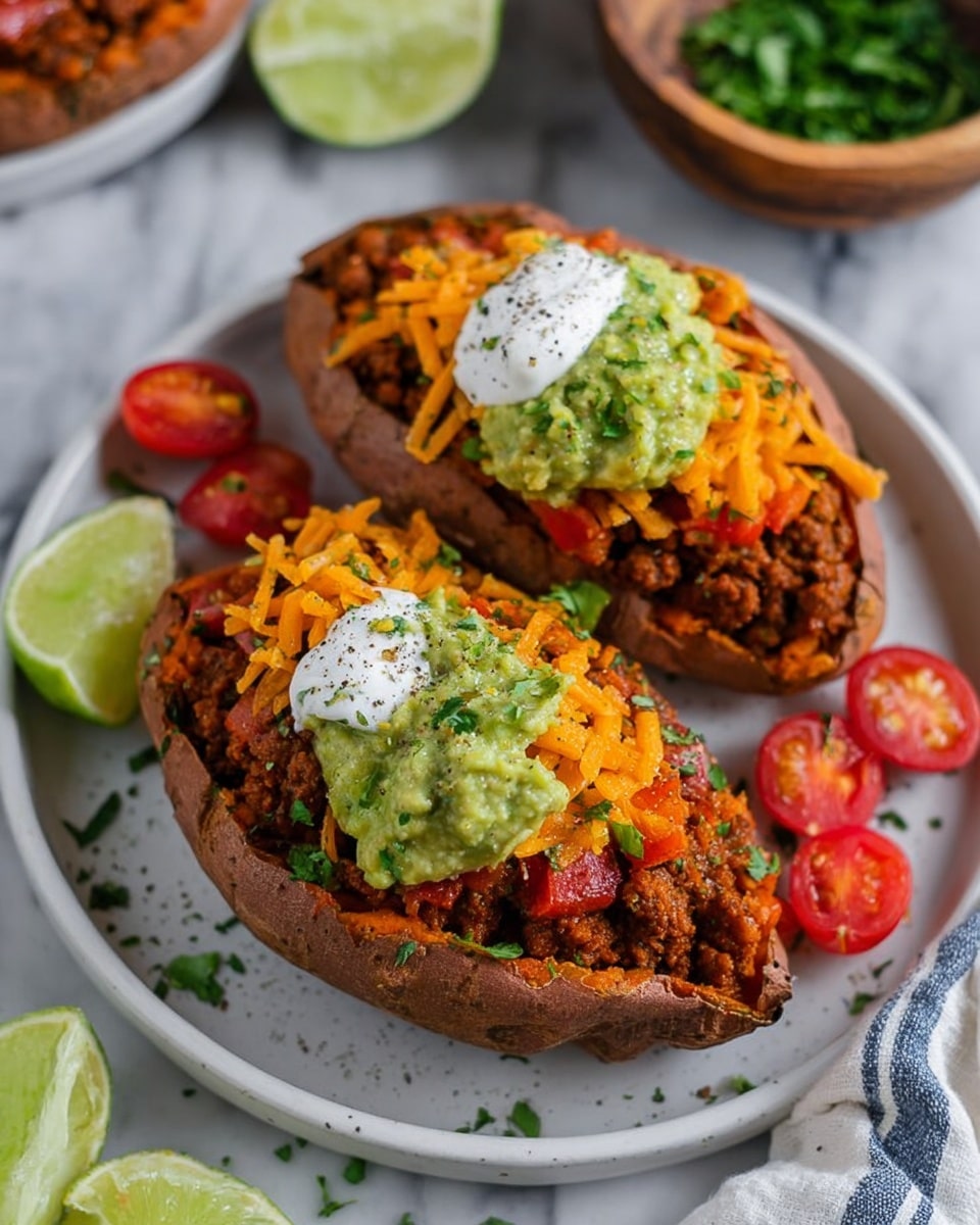Two stuffed sweet potatoes sit on a white plate with a white marbled surface. Each sweet potato acts as a thick, orange-brown shell filled with brown cooked ground meat mixed with small pieces of red tomato. On top of the meat layer, there is a layer of bright orange shredded cheese, followed by a scoop of green guacamole sprinkled with chopped herbs, and next to it, a dollop of white sour cream with a bit of black pepper on top. Half lime slices and scattered small tomato pieces decorate the plate. Photo taken with an iphone --ar 4:5 --v 7