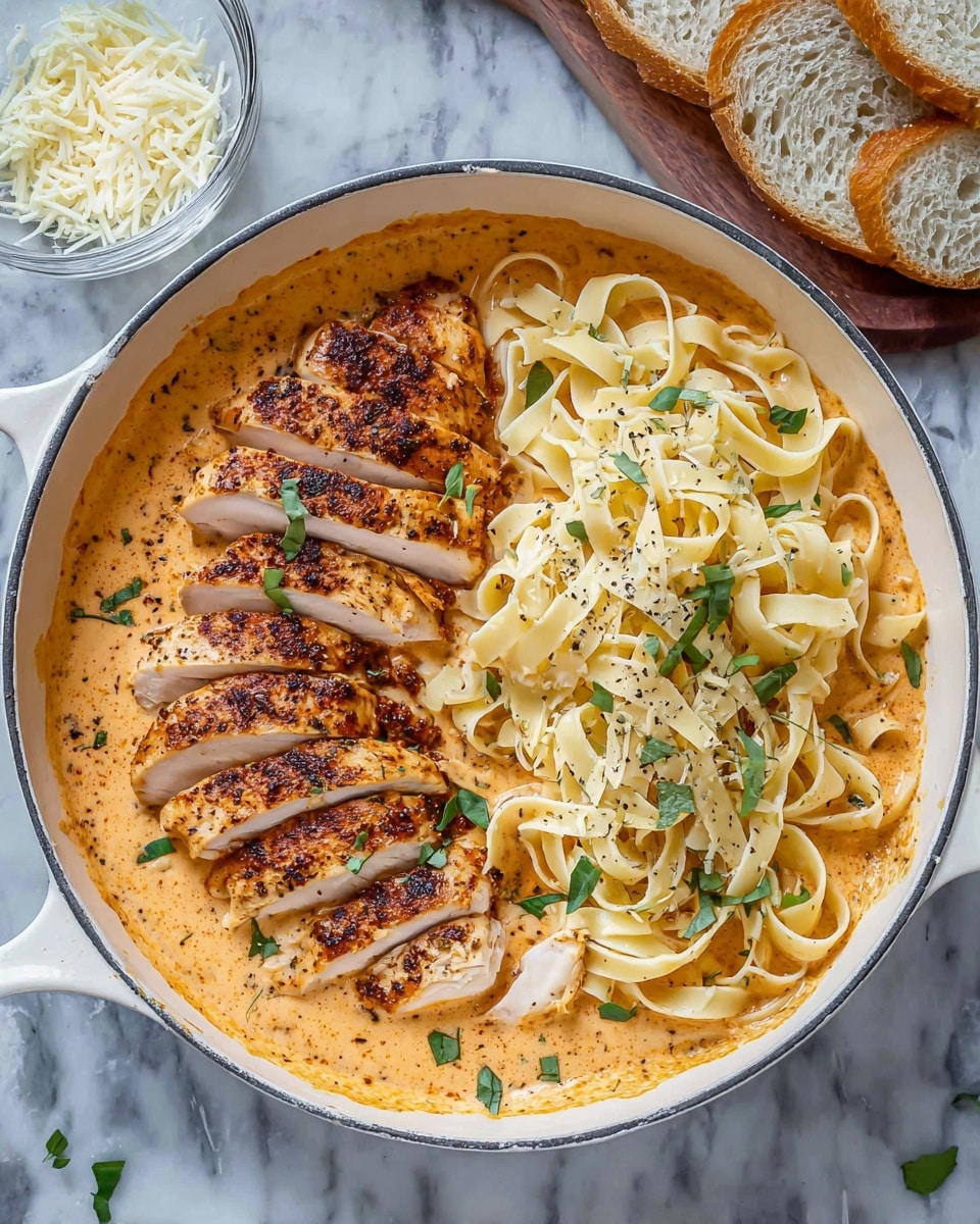 In a white pot, there is creamy pasta with several long, thick noodles mixed in light orange sauce that looks smooth and rich. On top and mixed through the pasta are sliced pieces of browned chicken with a slightly crispy texture. Thin, translucent white shavings of cheese are scattered over the noodles and chicken, with small chopped green herbs sprinkled all over. The whole dish is creamy and has a fresh, scattered look with bits of black pepper visible. The background shows a small glass bowl with grated cheese and slices of light bread on a white marbled surface. Photo taken with an iphone --ar 4:5 --v 7