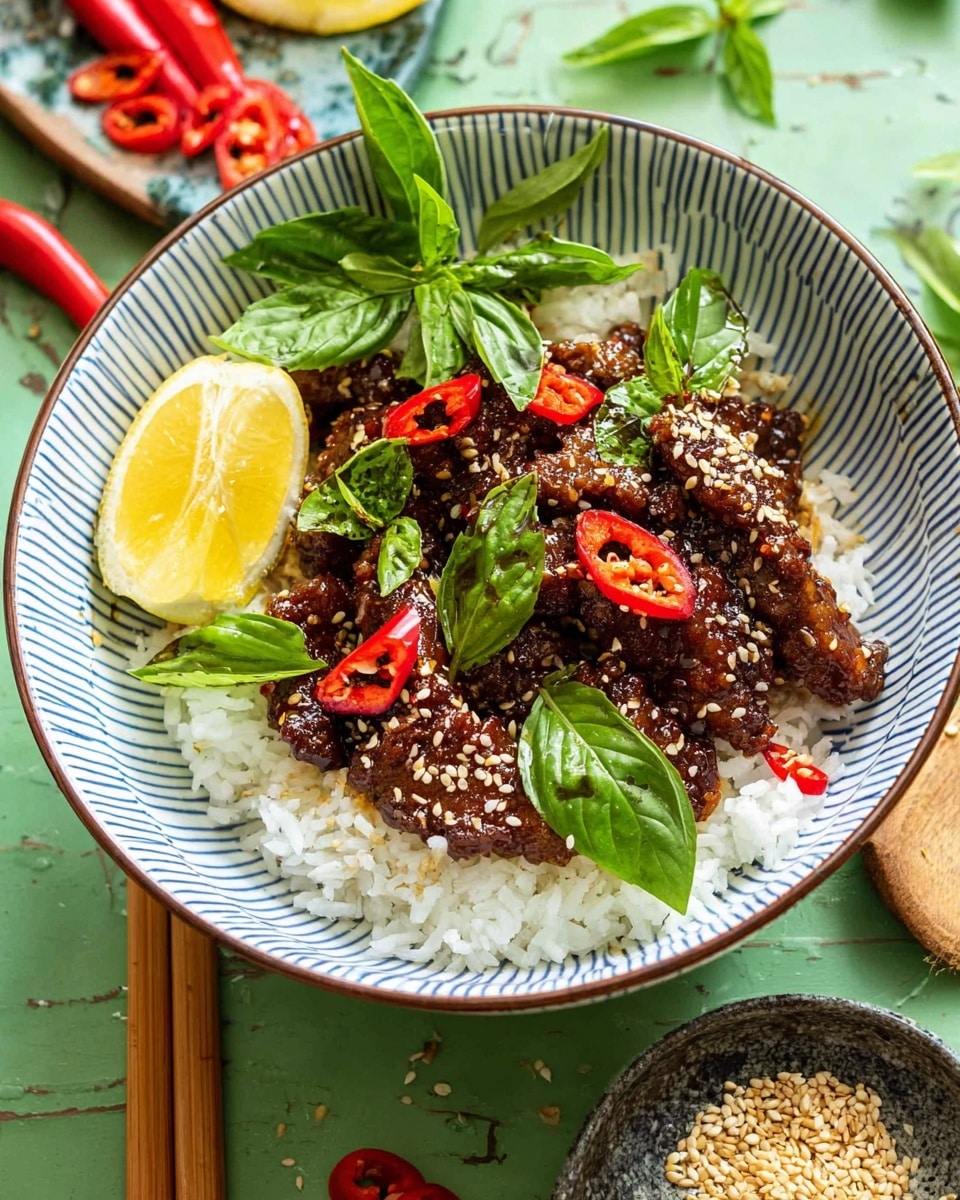 A white bowl with blue lines contains a dish with two main layers: the bottom layer is fluffy white rice, and the top layer is dark brown cooked meat covered in a shiny sauce. The meat is garnished with small white sesame seeds, slices of bright red chili peppers, and fresh green basil leaves. A wedge of lemon rests on one side of the bowl. Two light wooden chopsticks rest on the bowl's edge. The bowl is placed on a green wooden surface with a white marbled cloth nearby, a small black bowl with sesame seeds, and some scattered chili slices and basil leaves. Photo taken with an iphone --ar 4:5 --v 7