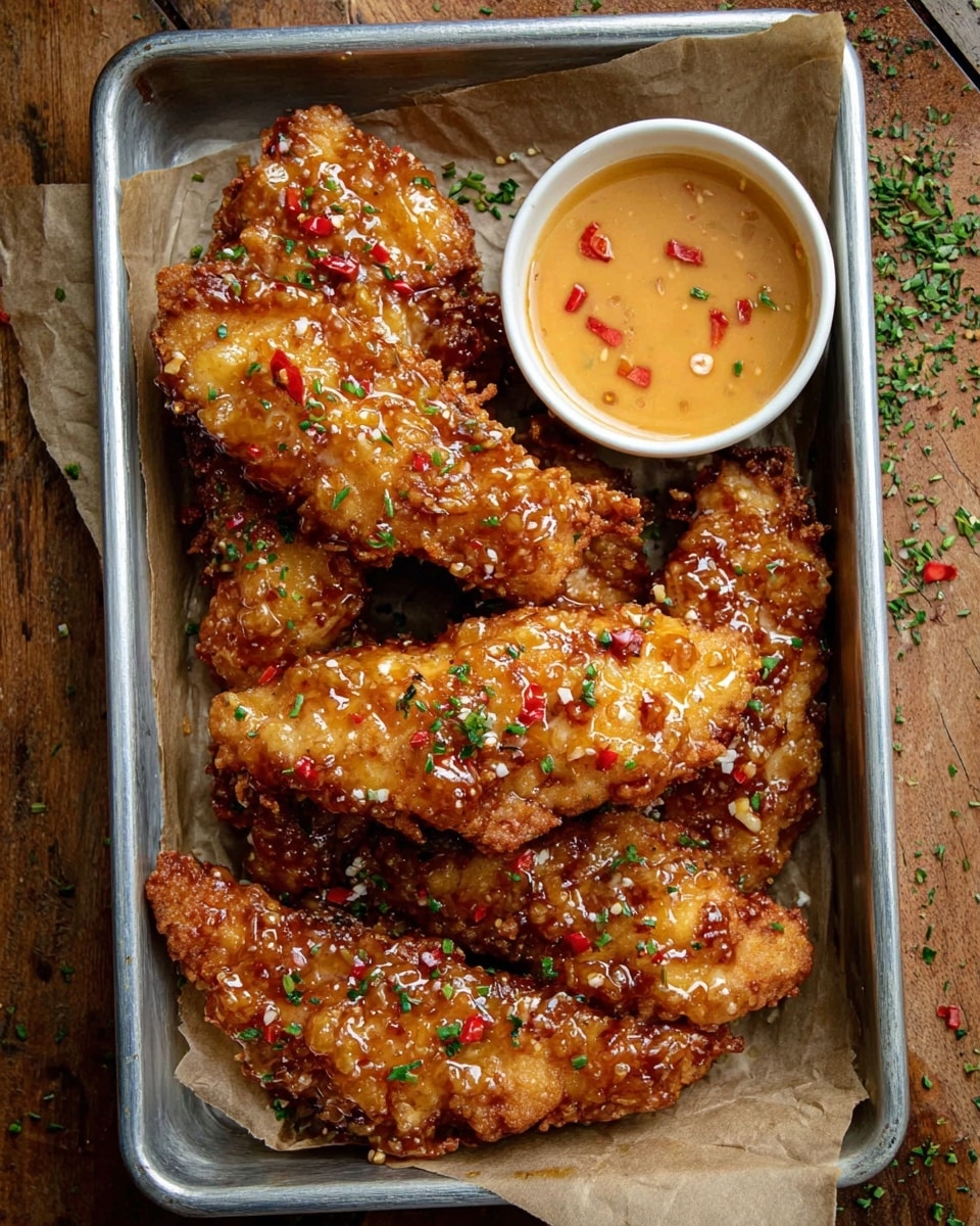 A metal tray holds six large pieces of golden-brown fried chicken tenders covered in a shiny, sticky sauce with small bits of red chili and green herbs sprinkled on top. The tray is lined with light brown parchment paper and has a small white bowl filled with a light orange dipping sauce with tiny red flecks. The tray sits on a wooden surface with hints of scattered green herbs around the edges. Photo taken with an iphone --ar 4:5 --v 7