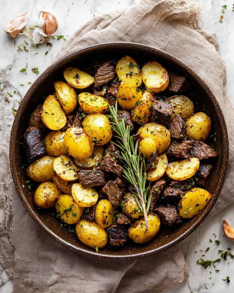 Garlic Steak Bites with Herb-Seasoned Potatoes Recipe