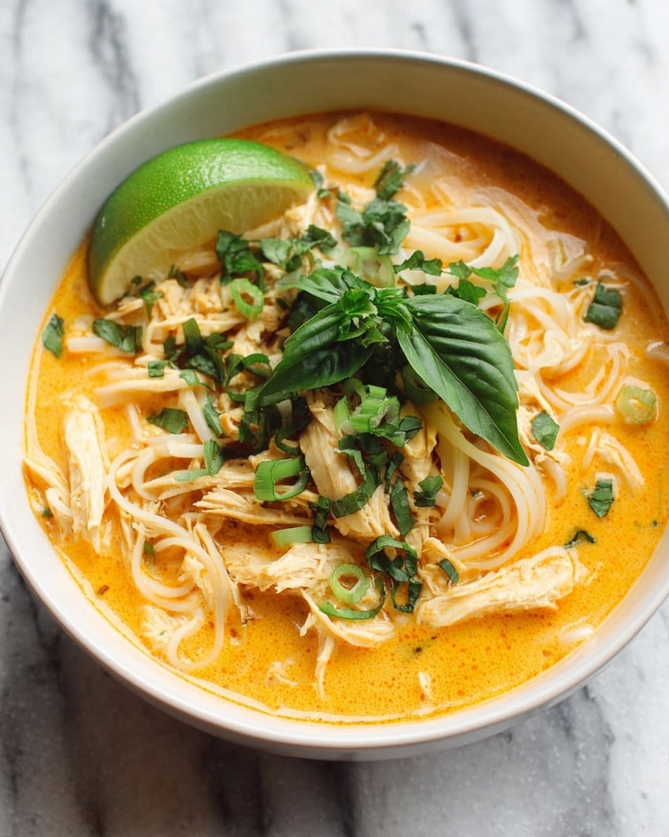 This image shows a close-up view of a bowl with creamy orange soup filled with thin white noodles and shredded light beige chicken pieces. The soup is garnished with bright green chopped herbs scattered across the surface, giving it a fresh look. A black ladle in the center scoops up a serving of the soup, holding a mix of noodles, chicken, and herbs. The background is a white marbled texture, enhancing the warm and rich colors of the soup. photo taken with an iphone --ar 4:5 --v 7