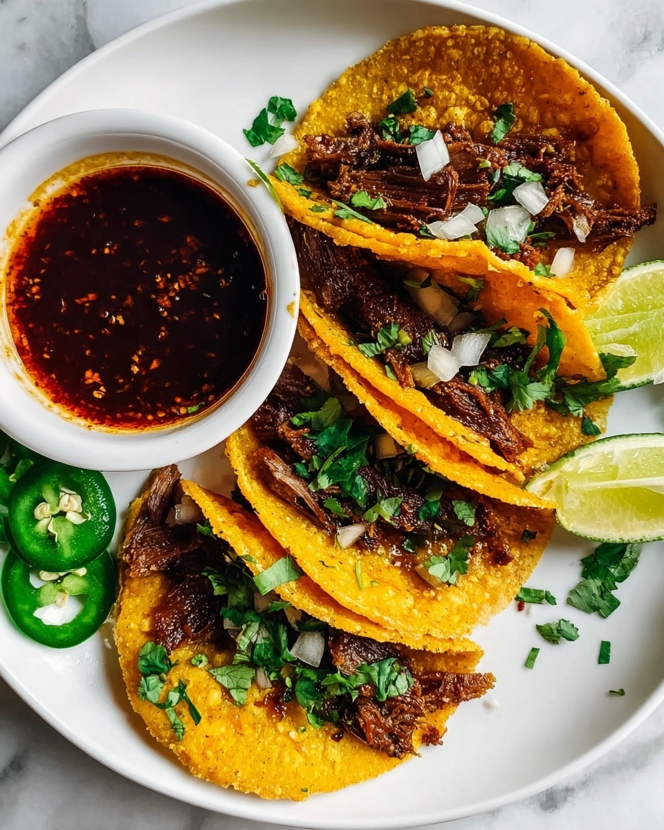 The image shows a white plate with four small folded yellow tortillas arranged in a slightly overlapping line from left to right. Each tortilla is filled with dark brown cooked meat that has a slightly crispy texture, topped with small pieces of white onion and fresh green cilantro leaves. On the lower part of the plate, there are thin slices of bright green jalapeño and wedge-shaped lime pieces with pale green flesh. To the upper left side on the plate is a small white bowl filled with a dark red, oily dipping sauce. The plate sits on a white marbled surface, and the scene is bright with natural lighting. photo taken with an iphone --ar 4:5 --v 7