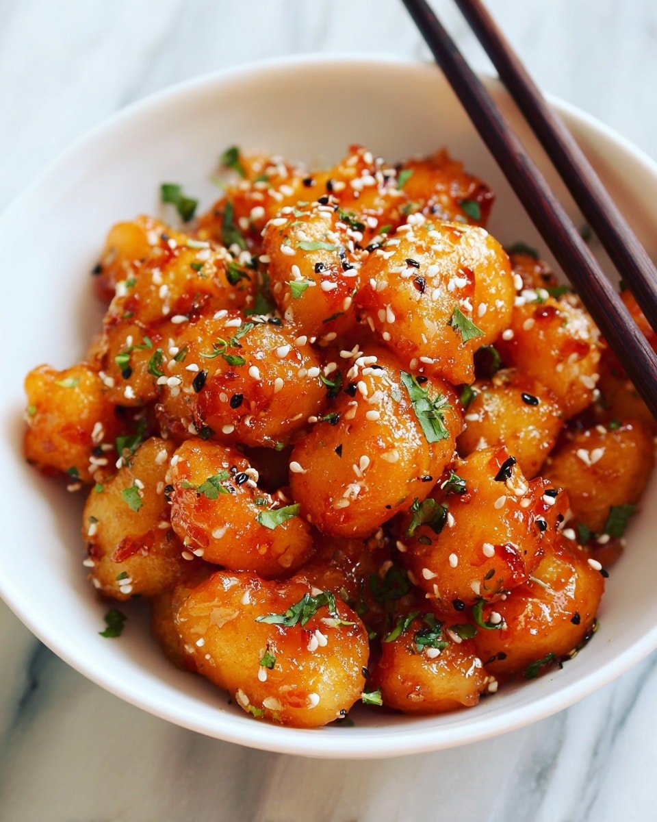 A white bowl filled with bite-sized golden brown pieces covered in a shiny orange sauce, sprinkled with small white sesame seeds and chopped green herbs scattered on top. A pair of dark brown wooden chopsticks rests on the right edge of the bowl. The bowl is placed on a white marbled surface that adds a clean background contrast. The dish looks sticky and flavorful with a mix of crunchy and soft textures. Photo taken with an iphone --ar 4:5 --v 7