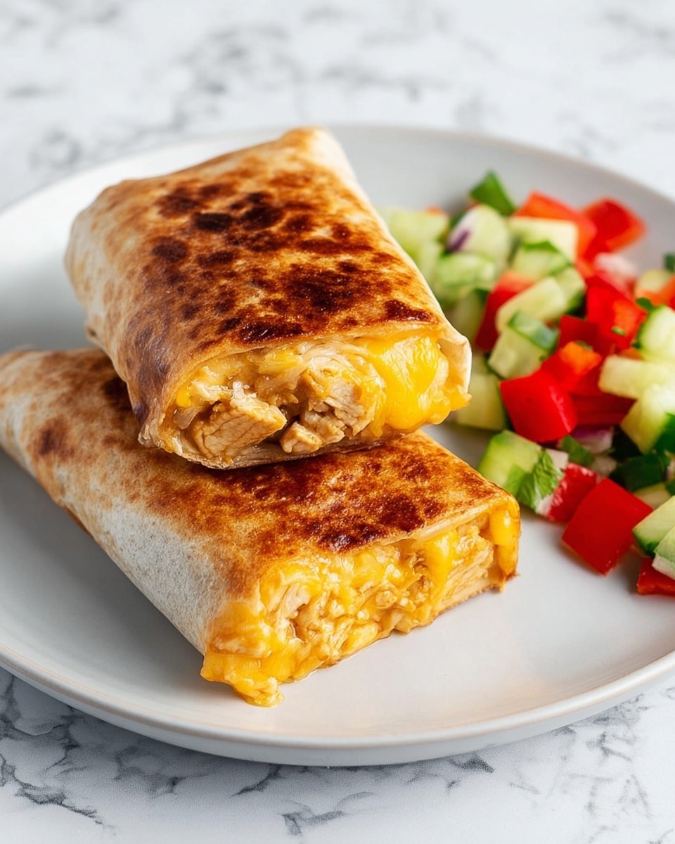 The image shows three folded and toasted wraps stacked on a wooden board on a white marbled surface. The wraps have a golden brown, crispy outside with visible spots of darker toasting. The top wrap is opened slightly, revealing a creamy filling of melted yellow cheese mixed with light-colored shredded chicken and small bits of green onion, creating a mix of soft and gooey textures inside. Green onion slices are scattered around the board adding a fresh color contrast. In the blurred background, there is a white bowl filled with a mix of red tomatoes and green cucumbers. Photo taken with an iphone --ar 4:5 --v 7
