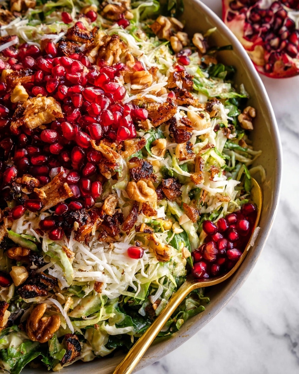 A large white bowl holds a layered salad starting with a base of shredded green lettuce, topped with chopped Brussels sprouts slices scattered around the edges. In the middle and spread evenly on top are bright red pomegranate seeds adding vibrant color. There are crunchy walnuts and crispy pieces of cooked bacon scattered generously over the salad. Shredded white cheese is sprinkled on top, mostly concentrated in the center. The salad sits on a white marbled surface with a gold-handled serving spoon on one side and part of a cut pomegranate visible nearby. The overall look is fresh, colorful, and textured with green, red, brown, and white tones. photo taken with an iphone --ar 4:5 --v 7