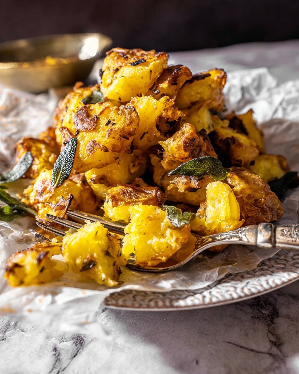 This image shows golden roasted cauliflower pieces with a slightly charred, crispy outer layer and tender inside, placed on a piece of parchment paper. The cauliflower is scattered with dark green fried sage leaves and small coarse grains of salt that add texture. The background is a white marbled texture, and on the left side, there is a glimpse of a white plate with green fresh herb sprigs resting on it. The light hits the cauliflower from the side, making the colors warm and bright. photo taken with an iphone --ar 4:5 --v 7