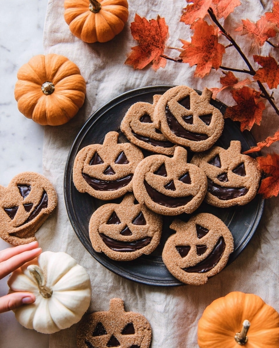 A round dark plate holds a pile of light brown pumpkin-shaped sandwich cookies, each having two layers with smooth, dark chocolate filling sandwiched in the middle. The top cookie layer has carved out eyes and a wide smiling mouth that show the chocolate inside, while the surface is sprinkled with a fine sugar layer that gives a slightly grainy texture. Around the plate and on the white marbled surface, more cookies are scattered, maintaining the same pattern and colors. Bright orange and white pumpkins, some with greenish stems, are placed near the plate, along with some dry autumn leaves in brown and red hues, creating a cozy, fall-themed arrangement. photo taken with an iphone --ar 4:5 --v 7