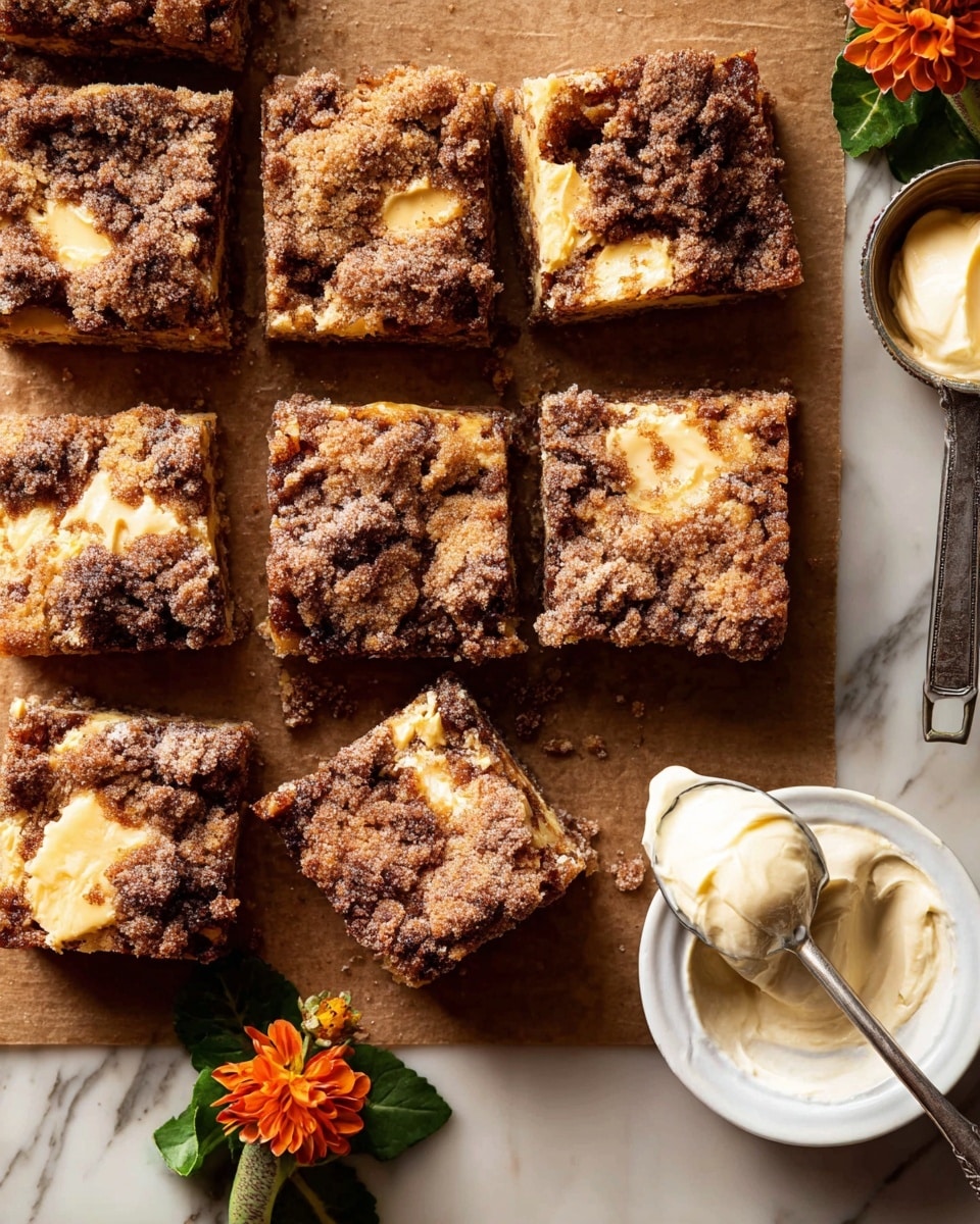 The image shows square pieces of dessert bars arranged on wrinkled parchment paper on a white marbled surface. Each bar has a rough, crumbly top layer in a deep brown color with some lighter spots sprinkled with white powder resembling sugar. Small nut pieces are visible inside the bars, adding texture. The bars have a layered look with a lighter, creamy layer beneath the darker crumbly top. In the bottom right corner, there is a white plate with scalloped edges holding a spoon that has some crumbs on it. photo taken with an iphone --ar 4:5 --v 7
