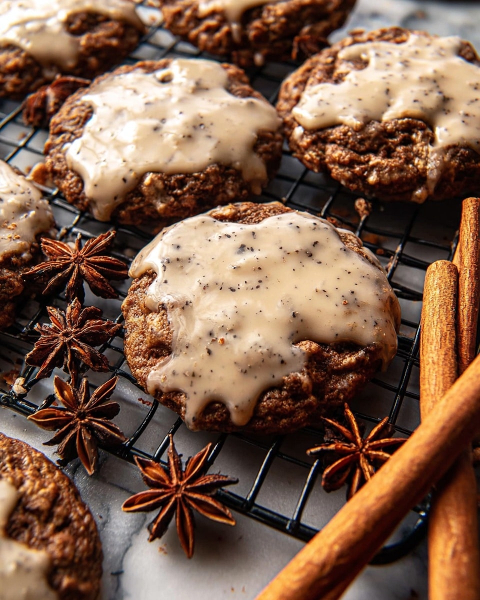 The image shows several round cookies with a brown base that looks soft and slightly textured. Each cookie is topped with a light tan icing that is spread unevenly, creating a glaze with some drips and pools. The cookies rest on a black metal cooling rack, which contrasts with their warm colors. Around the cookies, there are small dark orange miniature pumpkins and a single star anise spice, adding a cozy fall feeling. The background surface is changed to a white marbled texture. photo taken with an iphone --ar 4:5 --v 7