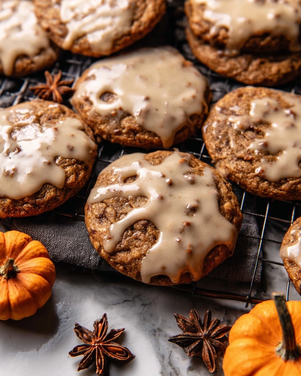 A close-up of a cooling rack holding several dark brown cookies with a rough texture, each topped with an uneven layer of light beige glaze that has small specks in it. The cookies have a slightly cracked surface showing a soft inside. Around the rack on a white marbled texture are whole cinnamon sticks and star anise pods, adding to the warm and spicy feel. The lighting highlights the gloss of the glaze and the texture of the spices, making the scene cozy and inviting. Photo taken with an iphone --ar 4:5 --v 7