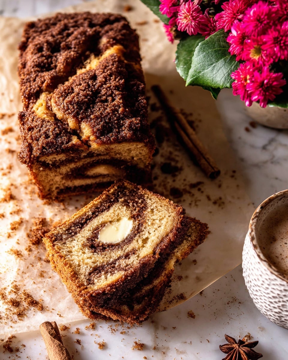 The image shows two slices of crumb-topped coffee cake on light brown parchment paper over a white marbled surface. Each slice has a golden-brown crumbly top layer and a darker brown swirled layer inside, with the inner texture looking soft and moist. One of the slices is cut further, revealing melting butter spread on the inside. Crumbles of the coffee cake are scattered around both slices, adding texture to the scene. At the top right corner, there is a white cup with a dark handle filled with frothy coffee dusted with brown powder and decorated with a star anise floating on the surface. A small bunch of purple flowers is partially visible at the upper edge of the image. photo taken with an iphone --ar 4:5 --v 7