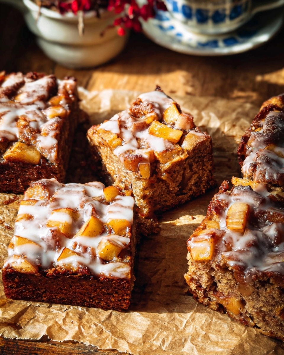 A close-up of three thick square slices of a baked dessert bar on brown parchment paper, each bar made of a dark golden-brown base with visible chunks of light orange and reddish pieces embedded throughout. The top layer of each bar is drizzled with a shiny, white creamy glaze that contrasts with the rich, textured chunks. The bars have a rustic, chunky appearance with uneven surfaces and edges. In the blurred background, there is a small blue and white vase holding dark red flowers, adding a cozy touch. The scene is set against a white marbled surface with sunlight casting soft shadows, creating a warm, inviting feel. photo taken with an iphone --ar 4:5 --v 7