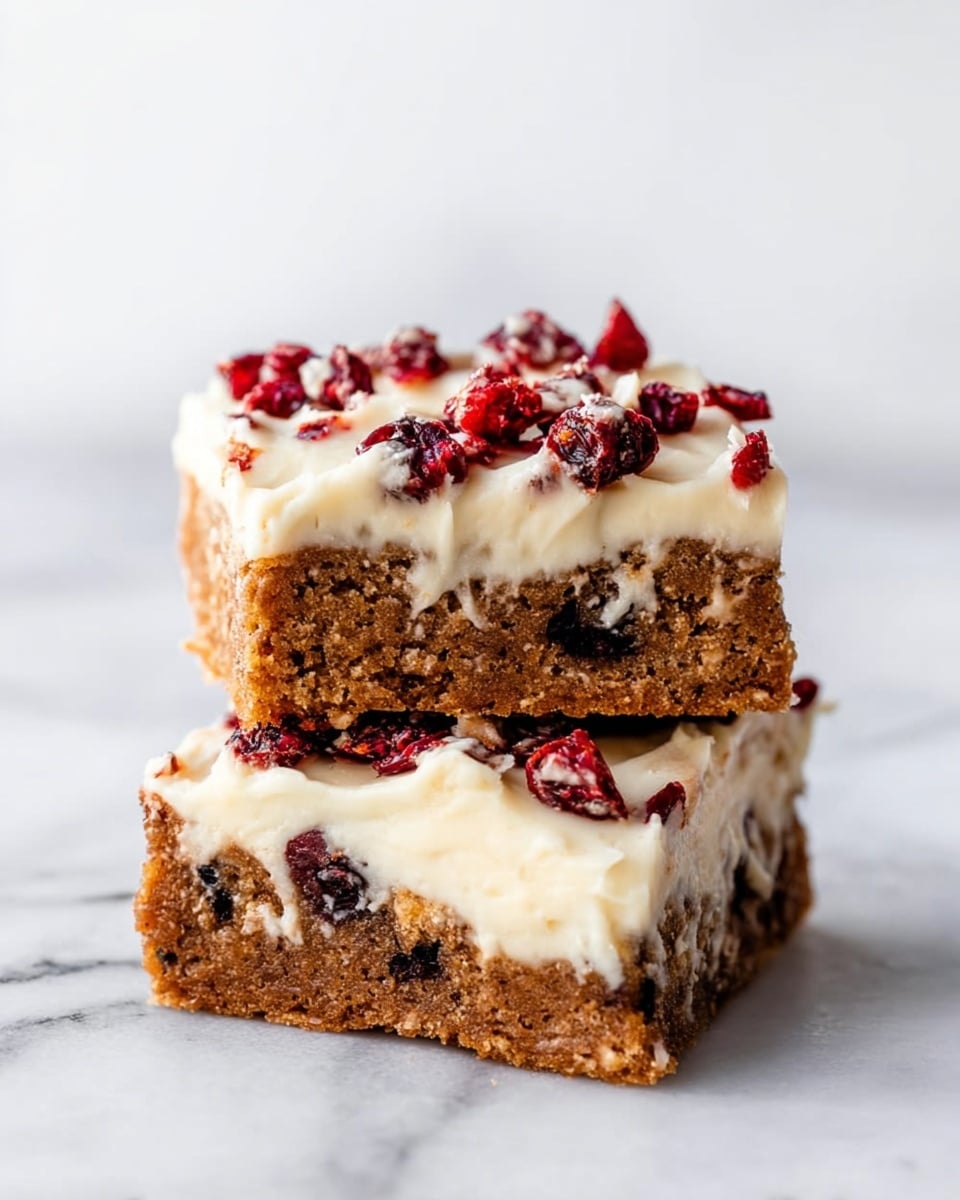 Two square pieces of dessert are stacked on top of each other on a white marbled texture. Each piece has two layers: the bottom layer is a brown cake with a slightly crumbly texture and visible dark spots inside, likely dried fruit. The top layer is a creamy white frosting spread thickly and unevenly with red dried berries embedded in it, giving a pop of color. The top piece is slightly smaller than the bottom one, showing the layers clearly. Photo taken with an iphone --ar 4:5 --v 7