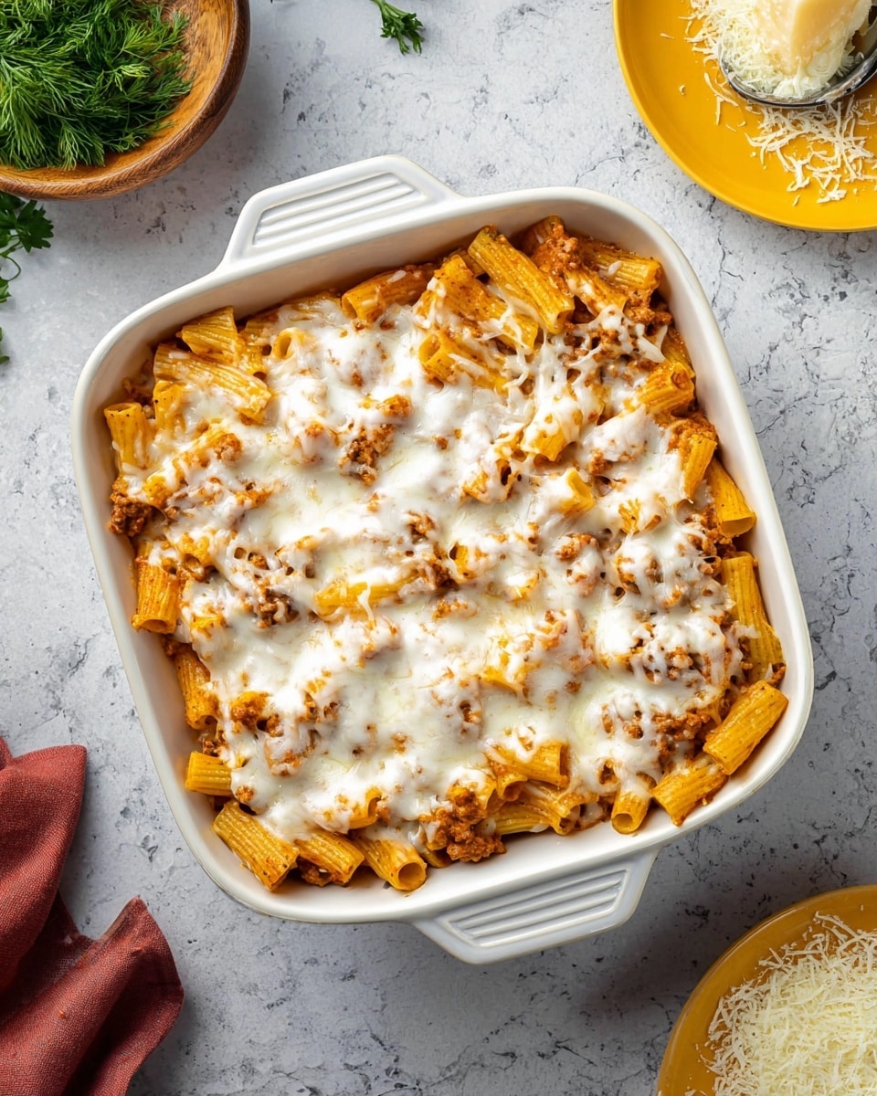 The image shows a white square baking dish filled with baked pasta. The pasta has two main layers: the bottom layer is rigatoni coated in a pale orange sauce mixed with pieces of chicken, and the top layer is melted white cheese spread evenly with a soft, slightly shiny texture. The dish sits on a green cloth, and there is a white marbled surface underneath with some out-of-focus sprigs of green herbs and a small wooden bowl in the background. Photo taken with an iphone --ar 4:5 --v 7