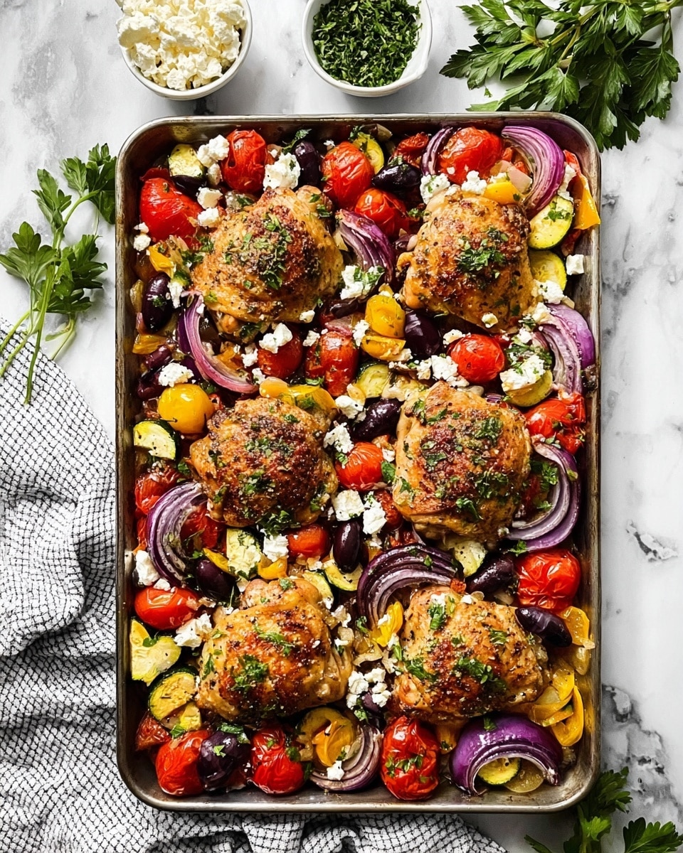 A large rectangular metal tray filled with five browned chicken thighs placed evenly across the tray, surrounded by colorful vegetables including red cherry tomatoes, sliced purple onions, yellow bell pepper pieces, and green zucchini slices. Black olives and white crumbled cheese are scattered among the vegetables and chicken, with fresh parsley leaves adding a touch of green on top. The tray rests on a white marbled surface with two small white bowls of chopped herbs and crumbled cheese in the background. A checked cloth is draped partly around the tray. The overall look is vibrant with warm golden and red tones. Photo taken with an iphone --ar 4:5 --v 7