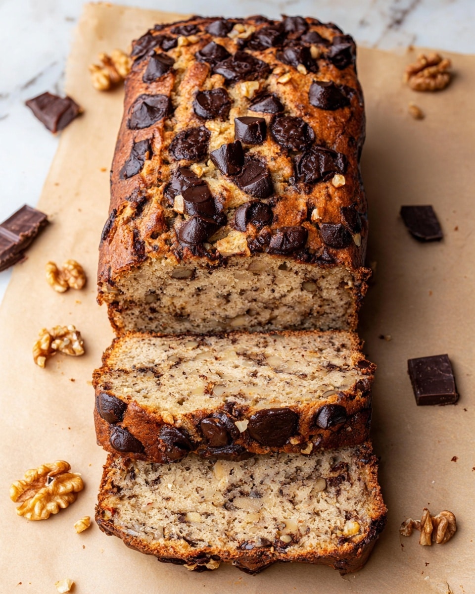 A loaf of banana bread with chocolate chunks is shown partially sliced on a white marbled surface. The bread has one main layer with a golden-brown crust and a soft, light beige inside filled with dark brown chocolate pieces and small nut bits. The top is unevenly covered with melted and solid chocolate chunks. Some crumbs and walnuts are scattered around the bread. In the background, a white cloth with thin, light brown stripes is softly folded. Photo taken with an iphone --ar 4:5 --v 7