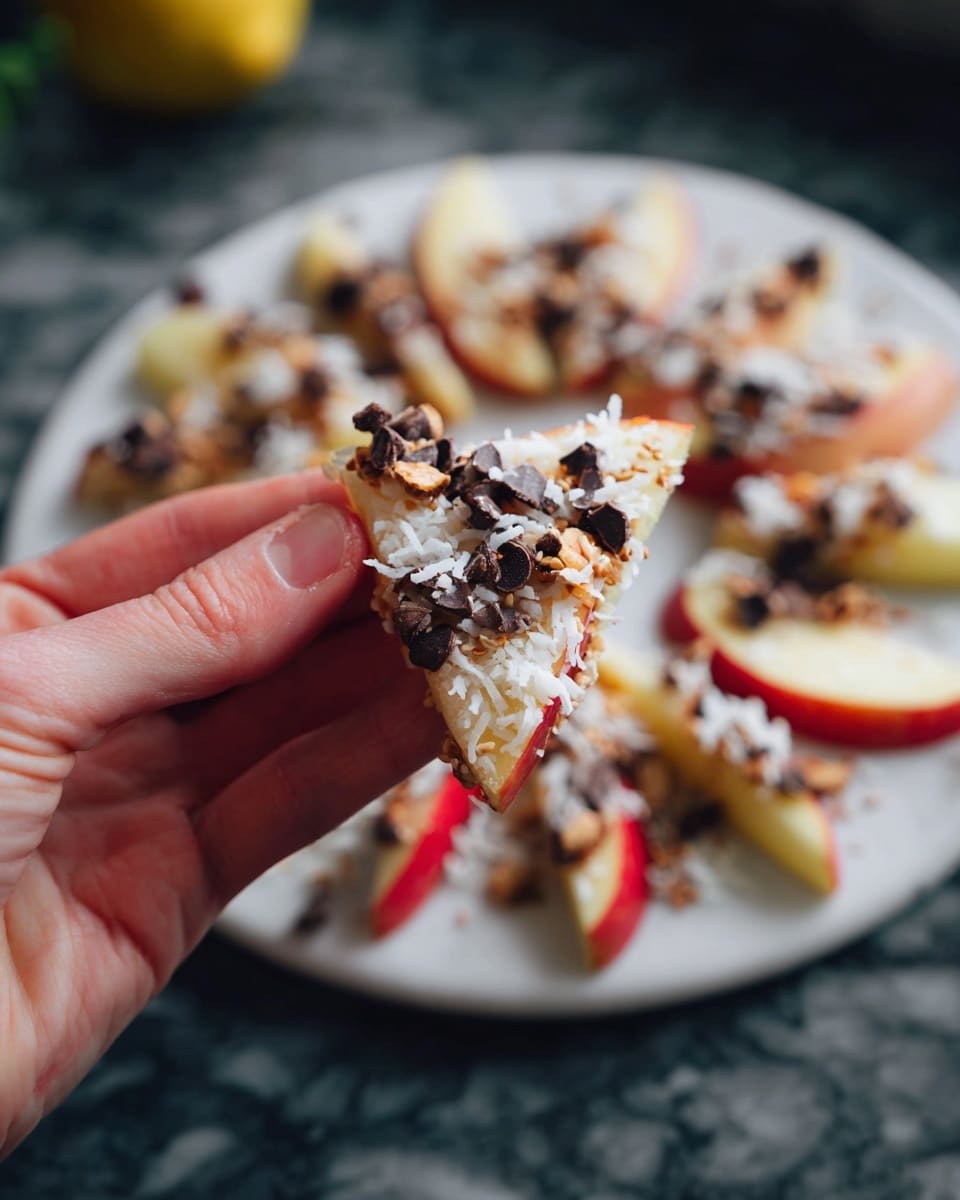 A woman's hand is holding a small triangular apple slice topped with white shredded coconut, dark brown chocolate chips, and light beige sesame seeds. The apple slice is red on the edges and pale yellow in the middle. In the background, a round white plate is filled with many similar apple slices arranged in a circle on a white marbled surface. The colors on the plate include red, pale yellow, white, and dark brown from the toppings, creating a colorful and textured look. The photo taken with an iphone --ar 4:5 --v 7