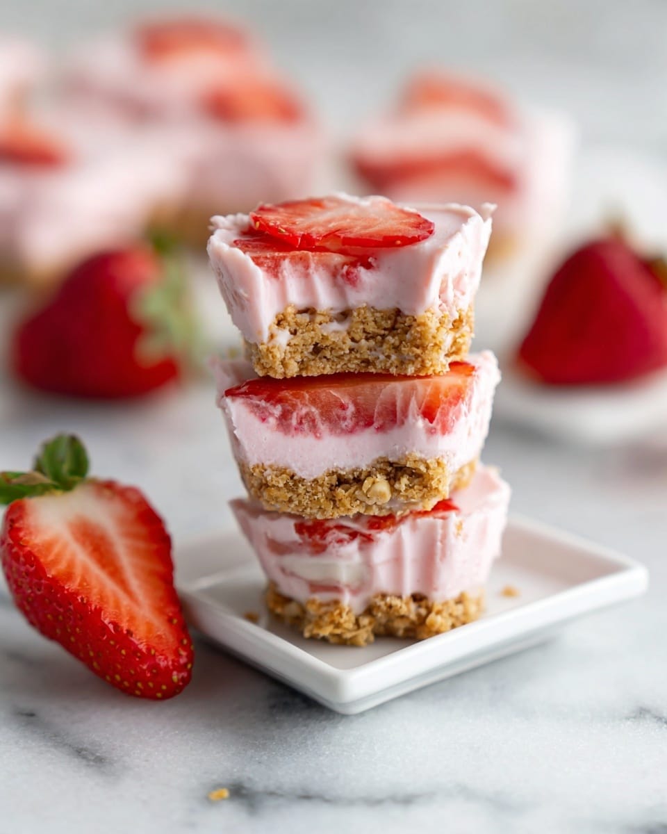 The image shows a small stack of three frozen yogurt bites on a white square plate set on a white marbled surface. Each bite has three layers: the bottom layer is a crumbly golden brown granola, the middle layer is a pink creamy frozen yogurt with a smooth yet slightly textured surface, and the top layer includes a bright red frozen strawberry slice partially covered by the pink yogurt. The yogurt's texture appears soft and icy, with the strawberry slices visibly embedded in the yogurt. In the background, more frozen yogurt bites and fresh strawberries are slightly out of focus. Photo taken with an iphone --ar 4:5 --v 7