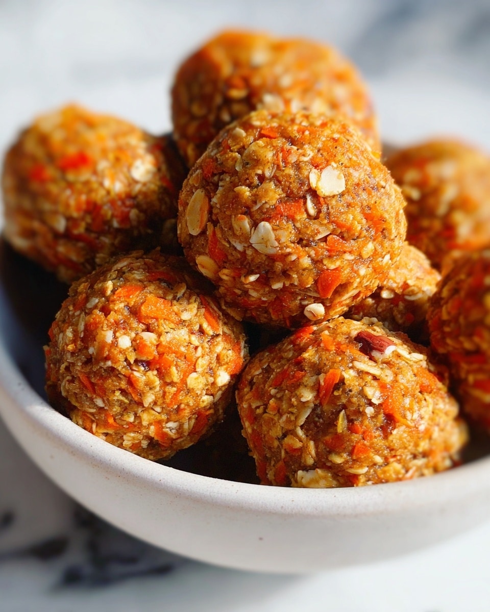 A close-up image of a small white bowl filled with round, orange-brown textured balls made of oats and small bits of carrot and nuts, showing a rough, slightly crumbly surface with visible flakes and pieces. The bowl is placed on a white marbled surface. Photo taken with an iphone --ar 4:5 --v 7
