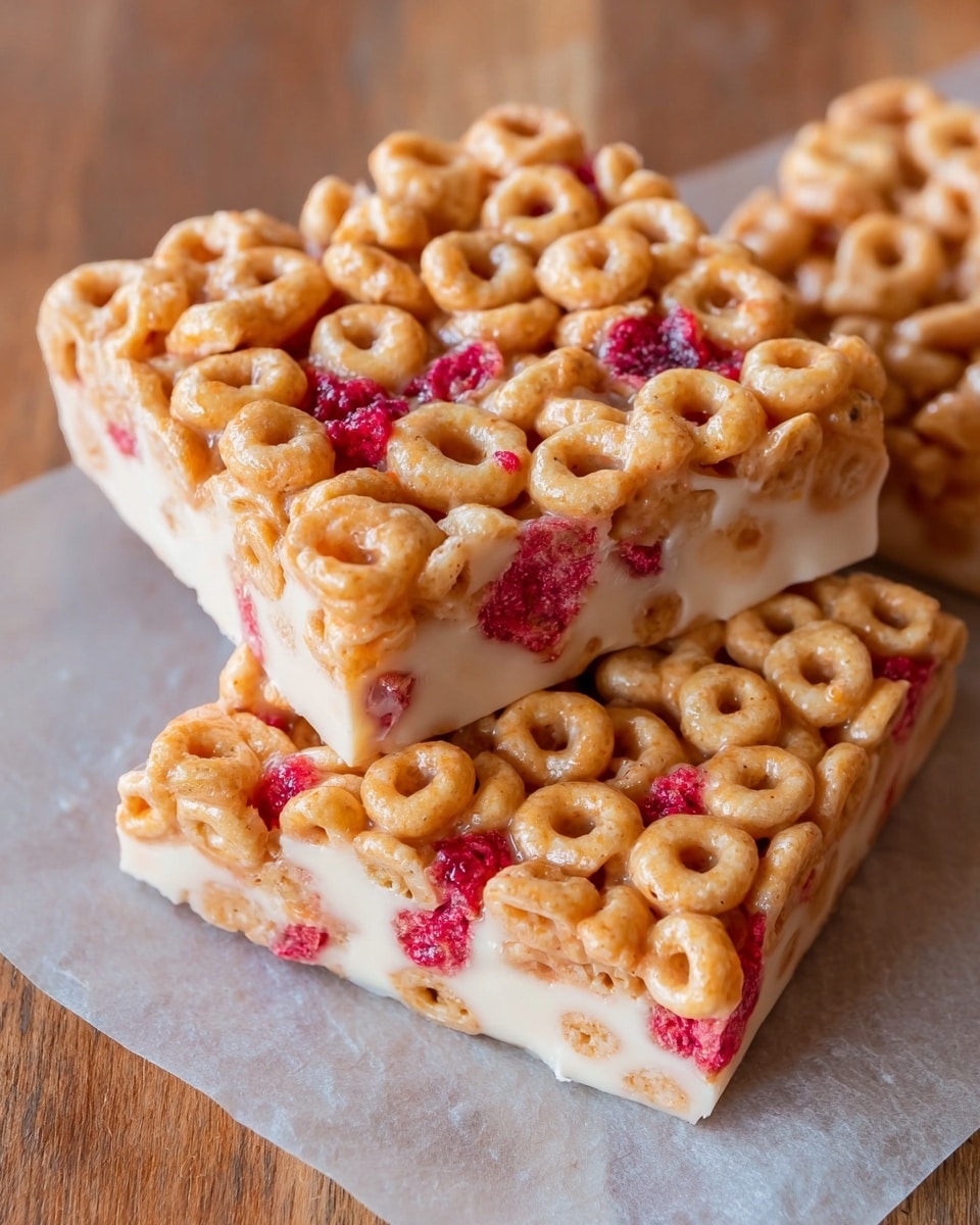 The image shows three square cereal bars stacked on top of each other on a white marbled surface. Each bar has two layers: the top and bottom layers are made of round, light brown cereal pieces mixed closely together with small bright red bits scattered throughout. Between the cereal layers is a smooth, creamy white layer that looks soft and slightly thick, holding the bars together. The background is blurred in dark blue tones, making the bars the main focus. photo taken with an iphone --ar 4:5 --v 7