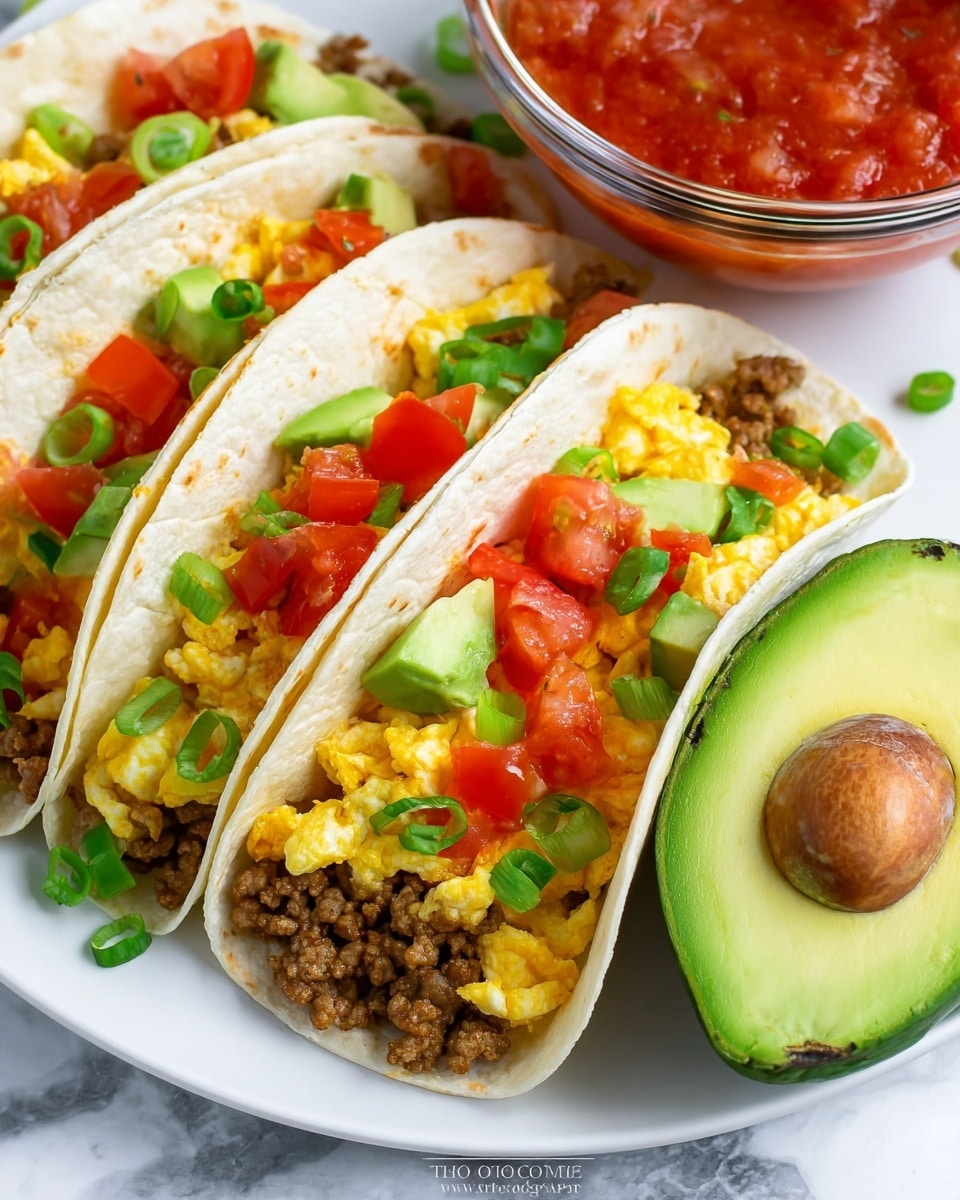 Three soft white tortillas are open and filled with layers of ground meat at the bottom, scrambled yellow eggs in the middle, and topped with bright red diced tomatoes, green sliced avocado, and chopped green onions. The tortillas are arranged closely on a white plate, which is on a white marbled surface. To the right of the tacos is a half avocado showing its green flesh and seed, and behind it is a clear glass bowl filled with red salsa. The image has a close-up view with bright natural light showing the fresh textures and colors, photo taken with an iphone --ar 4:5 --v 7