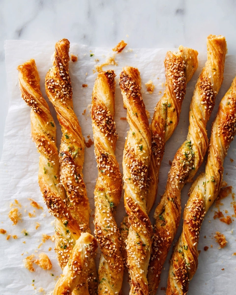The image shows a clear glass jar filled with tall, thin, golden brown twisted breadsticks. Each breadstick has a crispy texture with visible layers and is sprinkled with sesame seeds and small green herb bits. Some breadsticks lean against the jar’s sides, while others stand upright in the center. Around the base of the jar, on a white marbled surface, lie a few more breadsticks and small crumbs. The background is softly blurred in light colors, keeping the focus on the jar and breadsticks. photo taken with an iphone --ar 4:5 --v 7