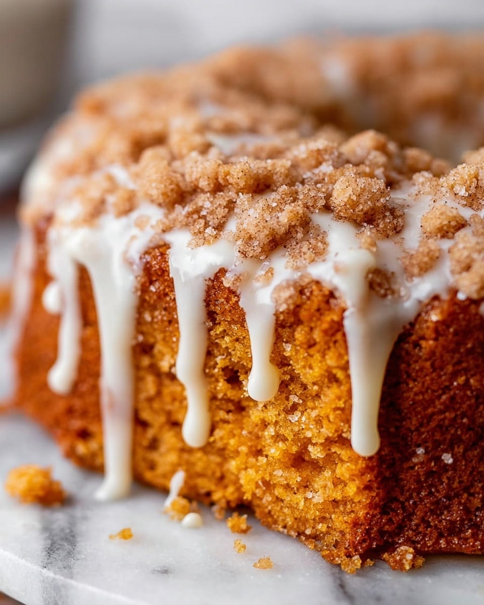 A close-up view of a soft, crumbly cake with a warm orange-brown color, visible small chunks inside the cake showing texture and moistness. The cake has a thick, coarse crumb layer on top, dusted with sugar and small bits, giving a rough texture. Over the crumb layer, a white creamy glaze drips down in uneven streams, adding contrast and a smooth finish. The cake sits on a white marbled surface with a few crumbs scattered around, emphasizing its crumbly texture. photo taken with an iphone --ar 4:5 --v 7