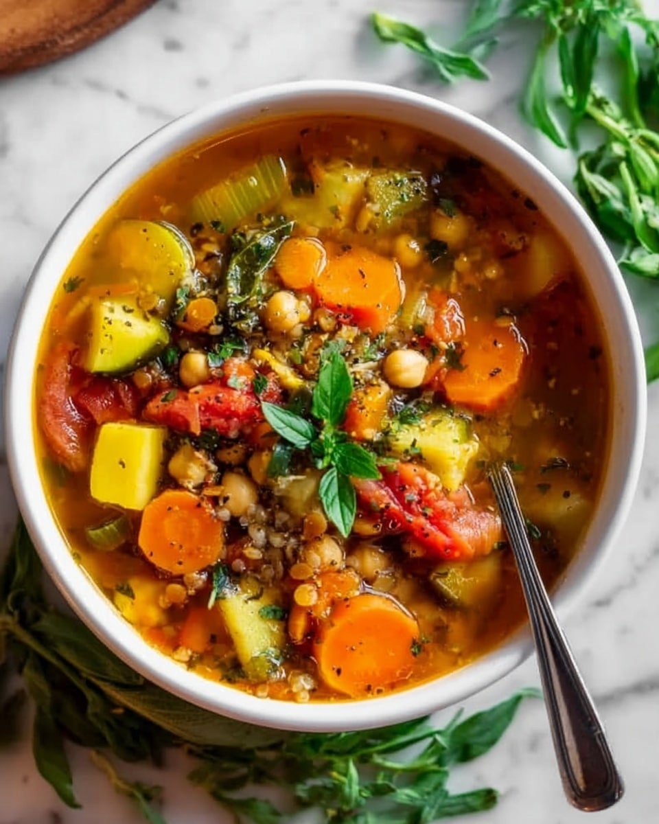 A close-up view of a white bowl filled with layered soup. The top layer shows vibrant orange carrot slices, yellow squash pieces, and bits of ground meat in a clear broth. Below and around these are chunks of red tomato, small white beans, and green celery pieces. Tiny green herb leaves sprinkle across the soup's surface. The background is a white marbled surface, and part of a woman's hand is holding the bowl from the side. Photo taken with an iphone --ar 4:5 --v 7