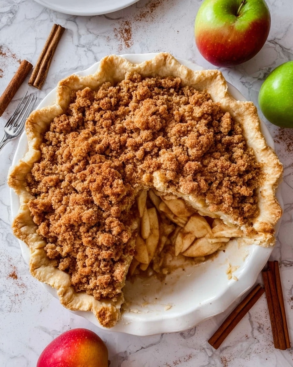 The image shows a round apple crumb pie in a white pie dish on a white marbled surface. The pie has a thick, golden-brown crust with a crimped edge and is topped with a layer of chunky, golden crumb topping. One large slice is missing, revealing a filling of soft, light brown cooked apple pieces underneath the crumb layer. Around the pie, there are two whole apples, one red and one green, and several cinnamon sticks laid neatly. A silver fork lies near the pie dish, adding to the cozy autumn feel of the scene. photo taken with an iphone --ar 4:5 --v 7