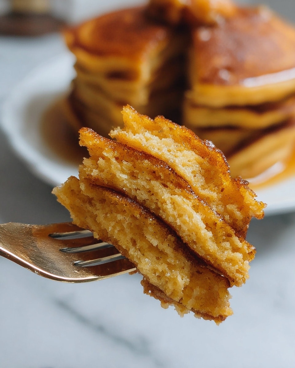 A close-up of a fork holding a stack of three thick, golden-brown pancake layers with a soft, fluffy texture and slightly crumbly edges, with a larger stack of similar pancakes blurred in the background on a white plate, all placed on a white marbled surface, photo taken with an iphone --ar 4:5 --v 7