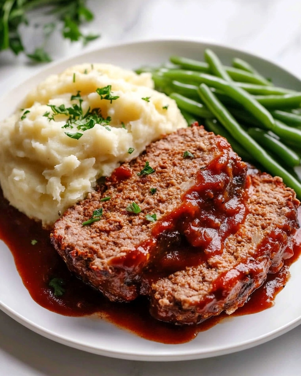 A white plate resting on a white marbled surface holds a meal with three main parts: two thick slices of meatloaf with a rich red sauce dripping down the sides, topped with small green herb pieces; a generous scoop of creamy, pale yellow mashed potatoes with a smooth texture and small bits of green herbs sprinkled on top, positioned beside the meatloaf; and a cluster of bright green cooked green beans placed at the back of the plate offering a fresh contrast. The overall look is warm and inviting, with well-defined layers and colors. photo taken with an iphone --ar 4:5 --v 6.1