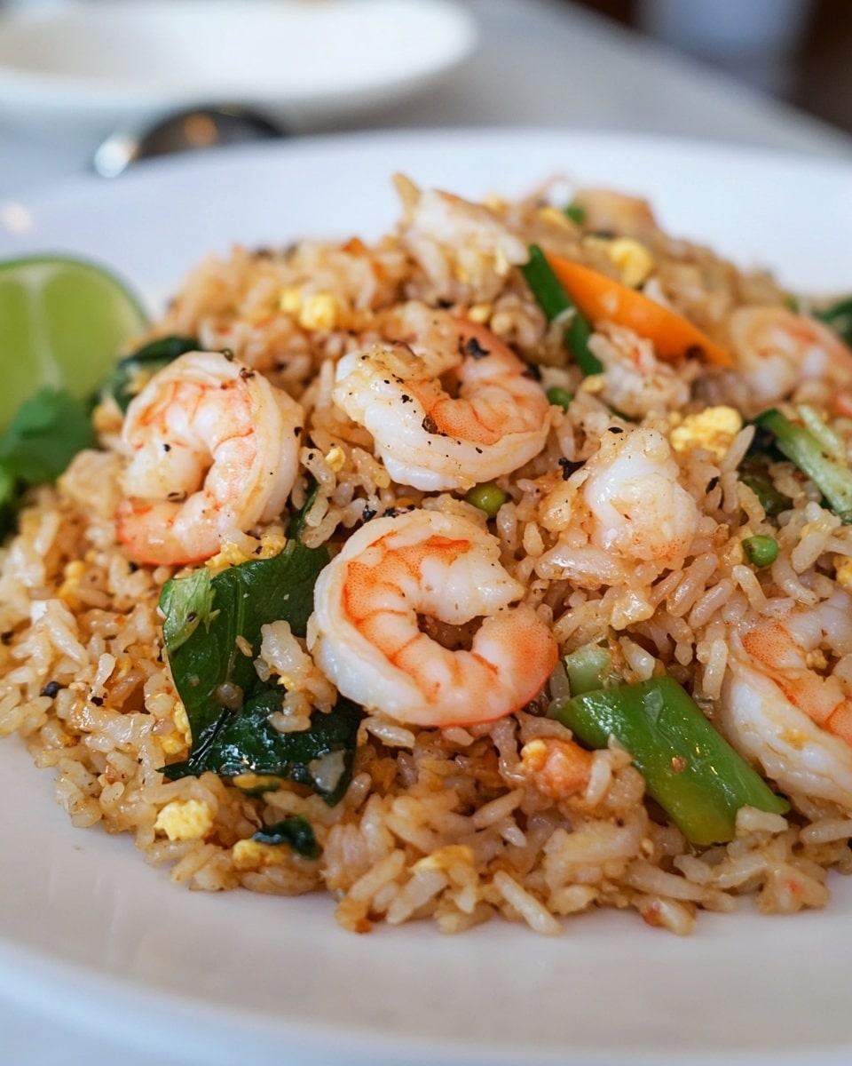 The dish shows a pile of fried rice as the bottom layer, with a light brown color mixed with small green bits and scrambled egg pieces. On top of the rice are several cooked shrimp, pink and white with some black pepper sprinkled on them. There are green leafy vegetables scattered throughout the rice adding freshness and color contrast. On the left side of the white plate, there is a green lime wedge, adding a pop of bright color. The plate is placed on a white marbled surface, and there is a blurred white bowl with a pattern and a fork in the background. photo taken with an iphone --ar 4:5 --v 6.1