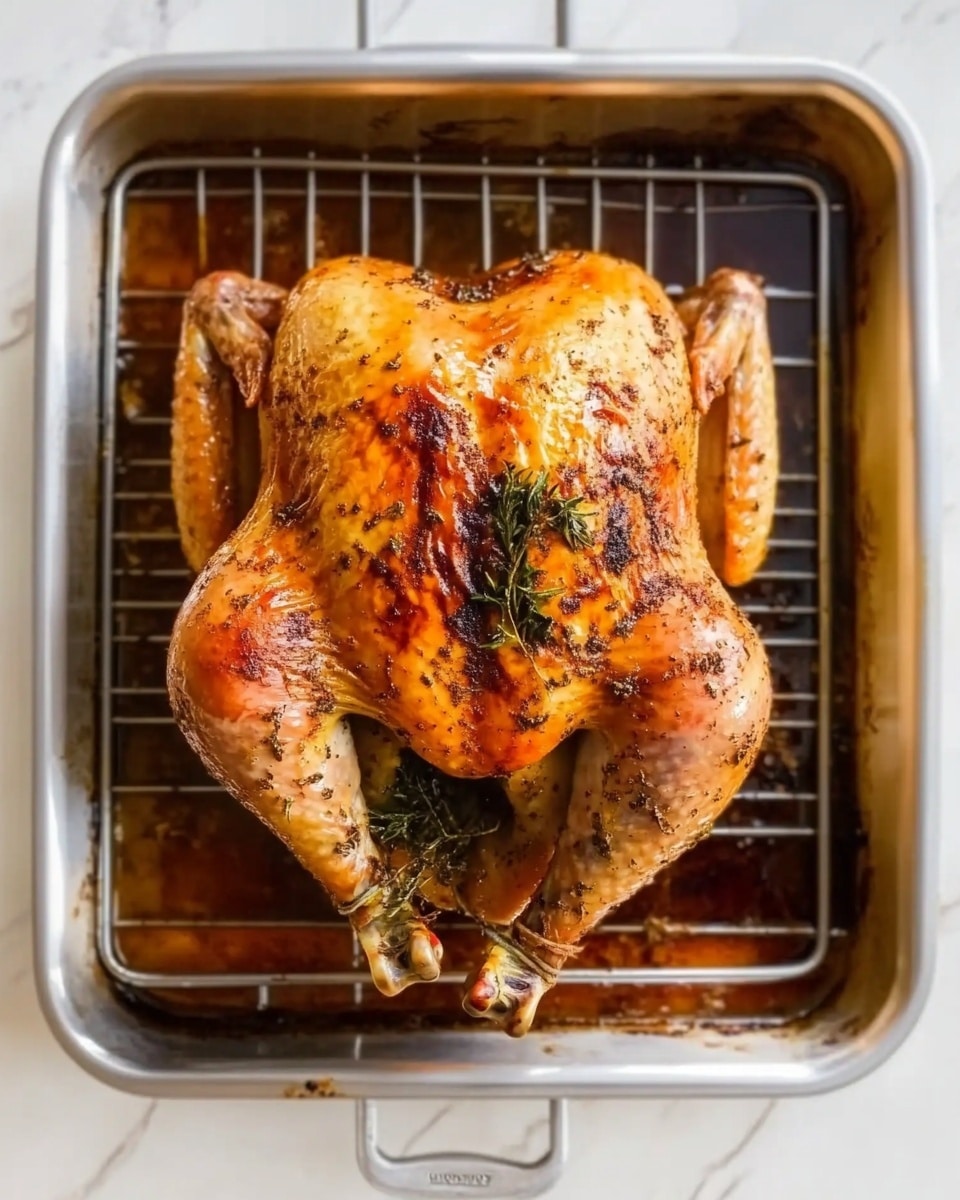 A whole roasted chicken with golden-brown, crispy skin sits on a silver metal rack inside a silver roasting pan. The chicken is cooked evenly all around, showing some darker browned spots and sprigs of herbs on top. The pan has dark roasted juices and bits of seasoning at the bottom. The background is a white marbled surface. photo taken with an iphone --ar 4:5 --v 6.1