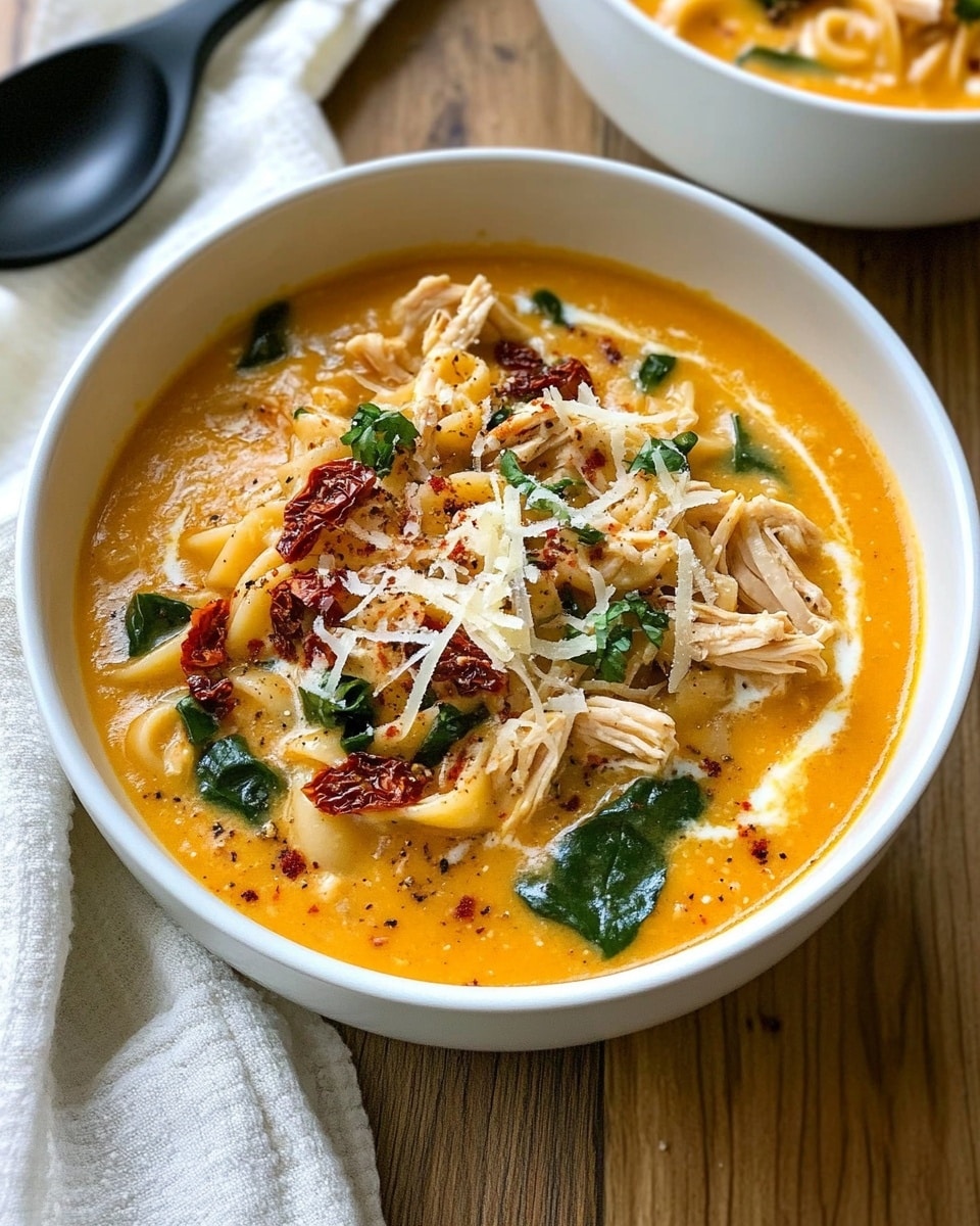 A creamy soup filled with several layers of ingredients is shown in a pot. The base layer is a light orange cream broth with small red oil spots. Floating in the broth are white pasta shells with a smooth texture. Scattered throughout are pieces of shredded light brown chicken, chopped bright red tomatoes, and dark green leafy kale. A wooden spoon is partially submerged, holding some of the soup s contents. The pot has a light steel-grey color and the background is a white marbled texture. photo taken with an iphone --ar 4:5 --v 6.1