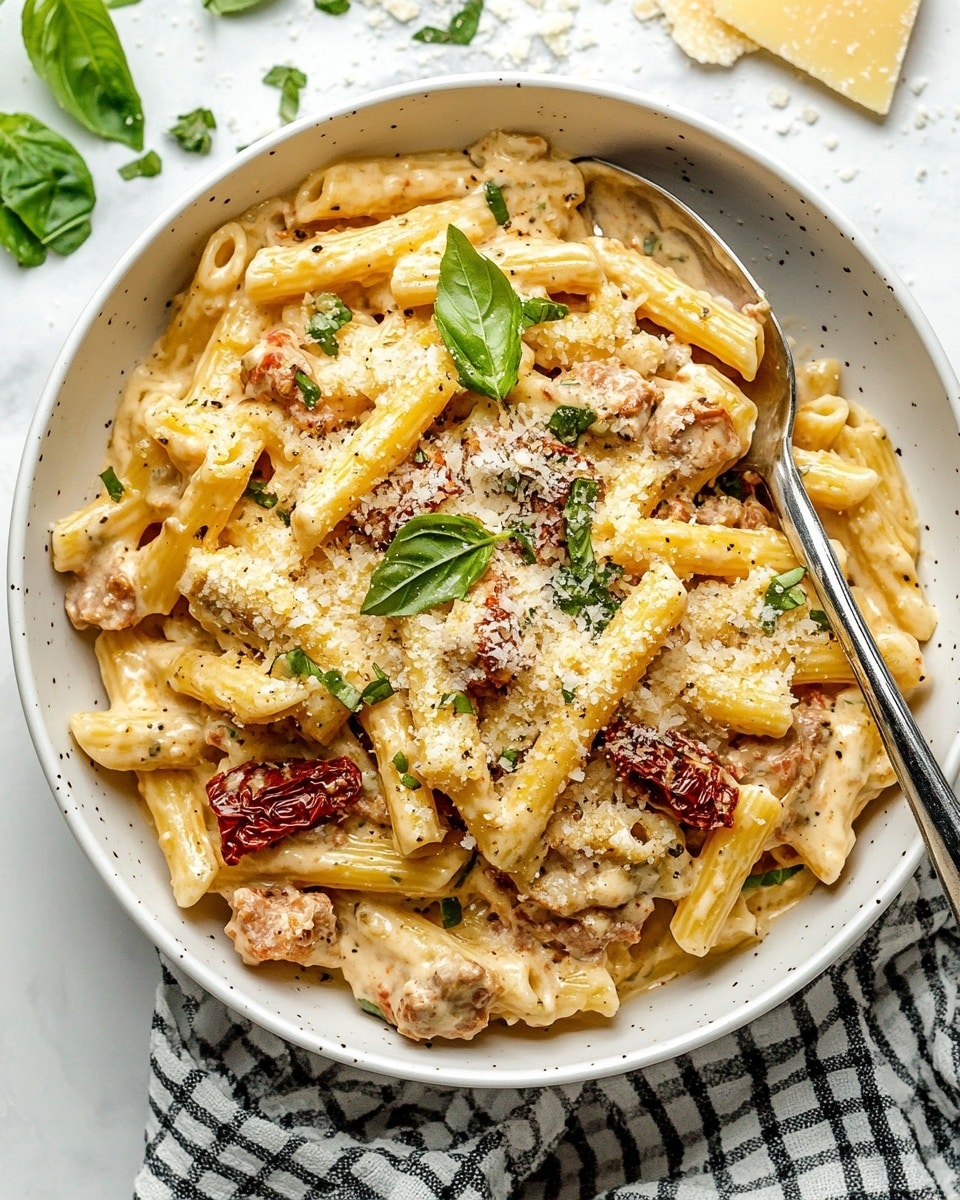 A white bowl holds creamy pasta with three main layers: short, pale yellow pasta sticks on the bottom, small chunks of light brown cooked meat mixed throughout, and sun-dried tomato pieces adding dark red color scattered on top. The dish is topped with sprinkled grated white cheese and small bright green basil leaves. A silver spoon rests inside the bowl, which sits on a white marbled surface with a black and white checkered cloth underneath. Some chopped basil and cheese are visible around the bowl. Photo taken with an iphone --ar 4:5 --v 6.1