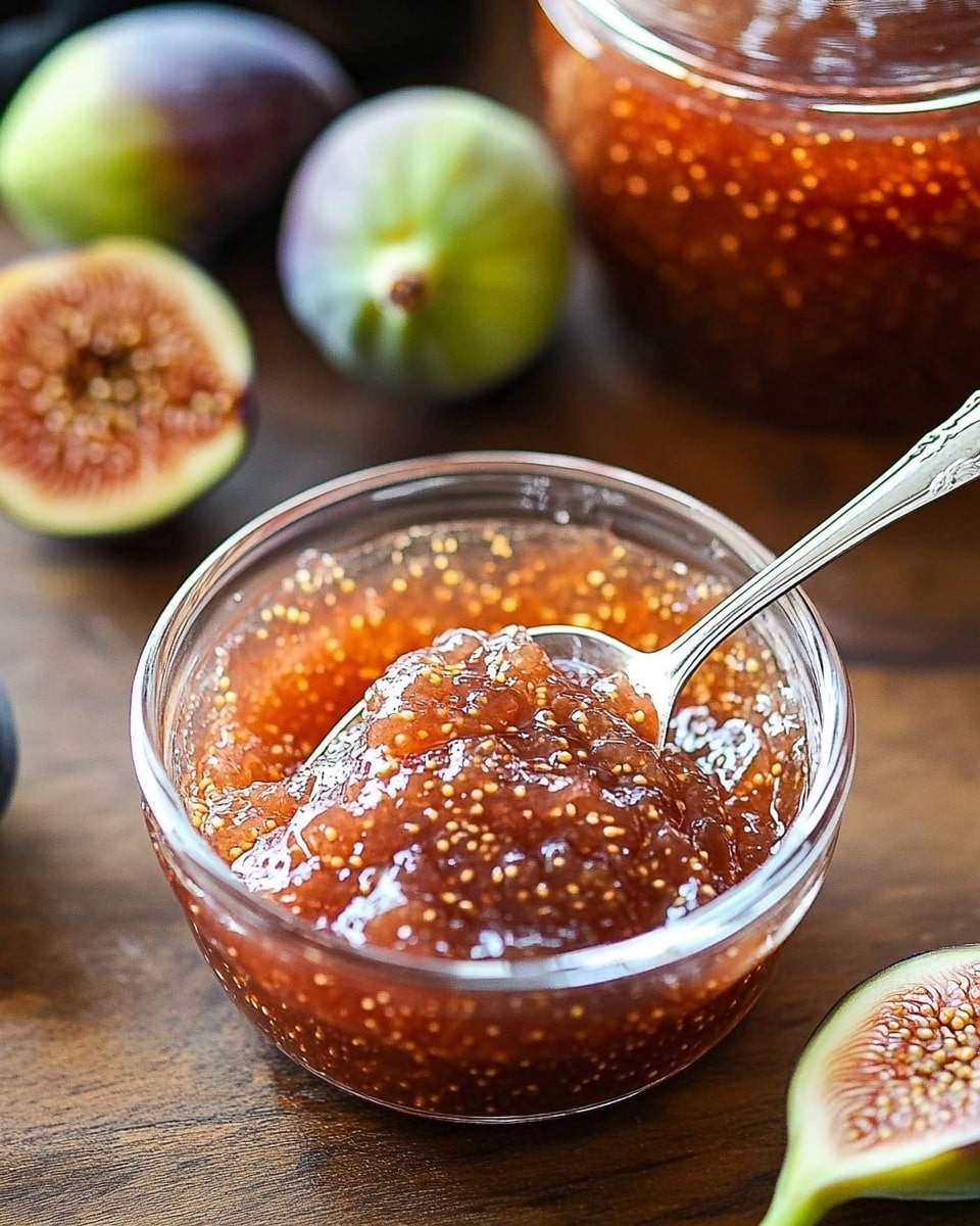 The image shows a wooden cutting board placed on a white marbled surface with a textured gray cloth underneath. On the board, there are two small glass jars filled with reddish-orange fig jam, both jars showing a slightly shiny, thick texture of the jam. Beside the jars, there are five fresh figs: two whole figs in a greenish-yellow color with a smooth surface, and three figs cut in half, showing their light pinkish-red inside with tiny seeds. A small black spoon lies next to the figs on the right side of the board. The board has a rounded handle with a hole near the top. The photo taken with an iphone --ar 4:5 --v 6.1