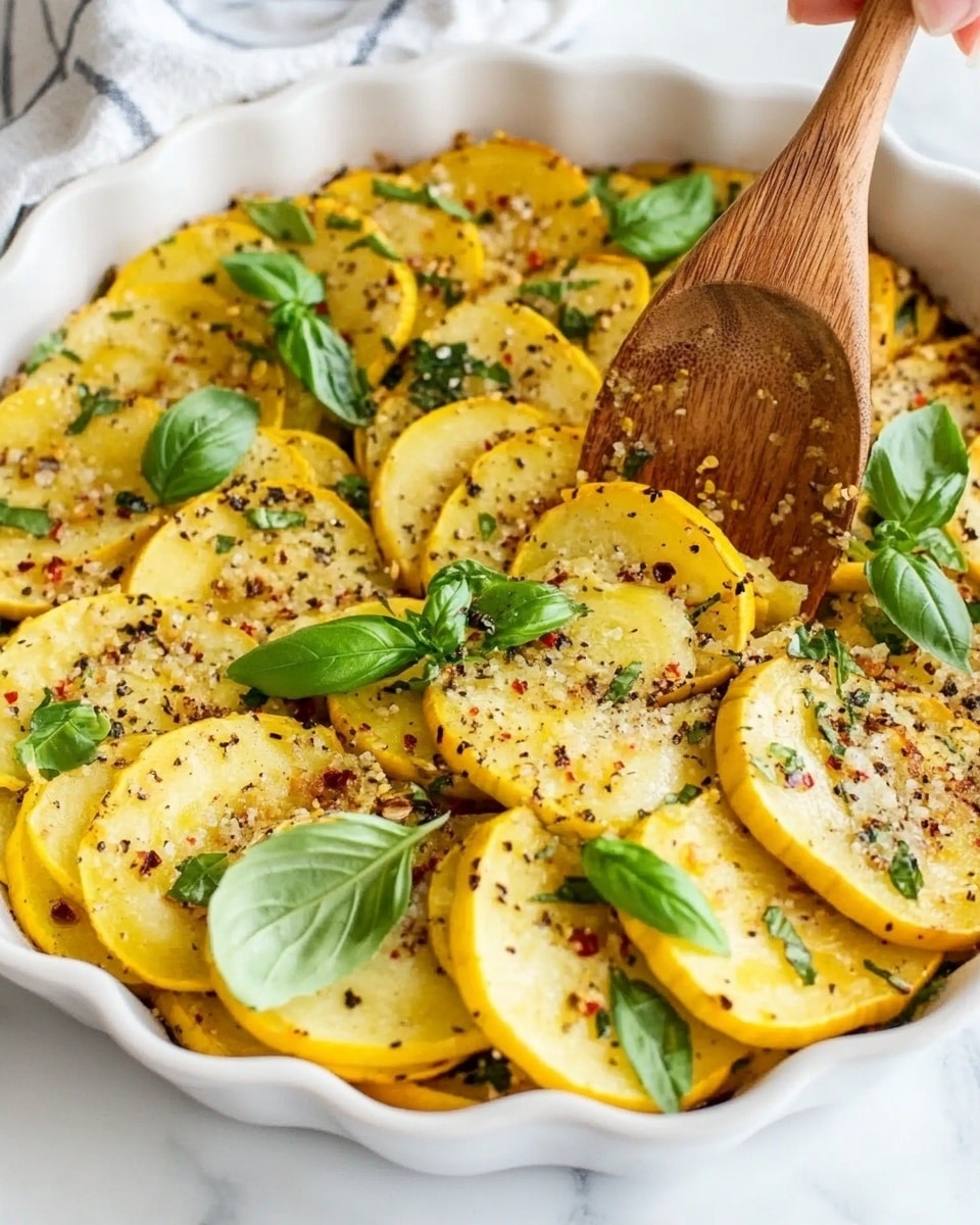 The image shows a white scalloped dish filled with thin yellow slices of cooked squash arranged in overlapping layers covering the entire dish. The squash slices have a light sprinkle of seasoning including herbs and spices, adding green and red specks on top. Fresh green basil leaves are scattered evenly over the squash, giving a fresh and vibrant look. A woman's hand is holding a wooden slotted spoon resting inside the dish, with the spoon partially covering some squash slices. The dish sits on a white marbled surface. photo taken with an iphone --ar 4:5 --v 6.1
