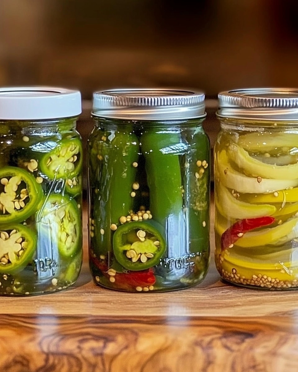 The image shows three jars filled with pickled vegetables placed on a round wooden tray. The jar on the left contains bright green pickles and small yellow pieces floating in clear liquid. The middle jar has dark green slices with some yellow bits and purple items inside, also in clear liquid. The jar on the right is filled with a mix of white, red, and green vegetable pieces in yellow-tinted liquid. Two white jar lids are placed in front of the jars on the tray. The background is a white marbled surface with a wooden texture and a folded cloth behind the jars. Photo taken with an iphone --ar 4:5 --v 6.1