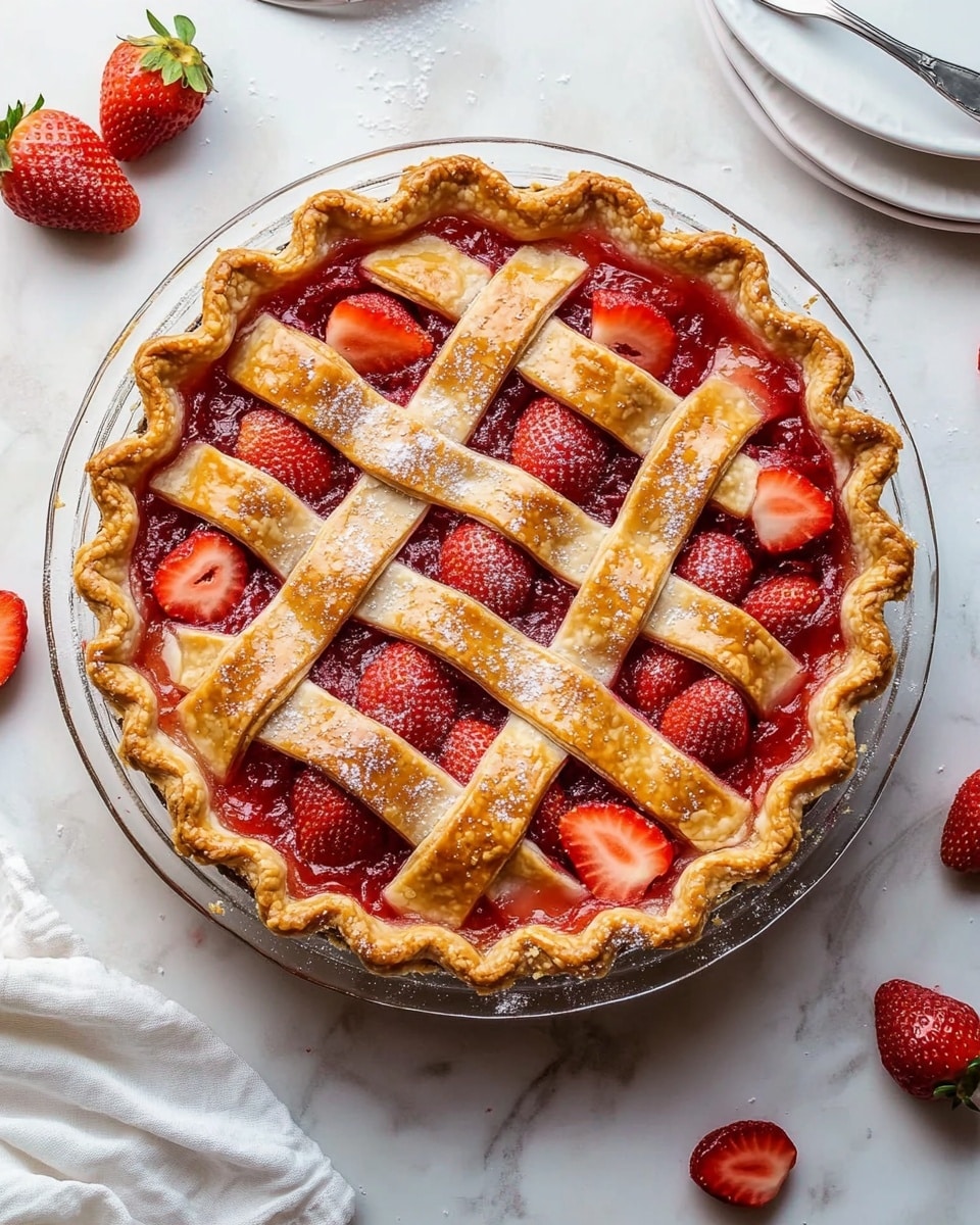 A slice of fruit pie sits on a white plate with scalloped edges, showing two thick layers of filling made of red strawberries and orange peaches, held by a golden-brown crust that is slightly crisp and sprinkled with sugar on top. The top layer of the crust is lattice-style, allowing the colorful fruit filling to peek through. On top of the pie slice, there is a generous scoop of smooth white ice cream. Next to the slice, there is a half strawberry with a green leafy end. A silver fork rests on the right side of the plate. The whole scene is set on a white marbled surface. Photo taken with an iphone --ar 4:5 --v 6.1