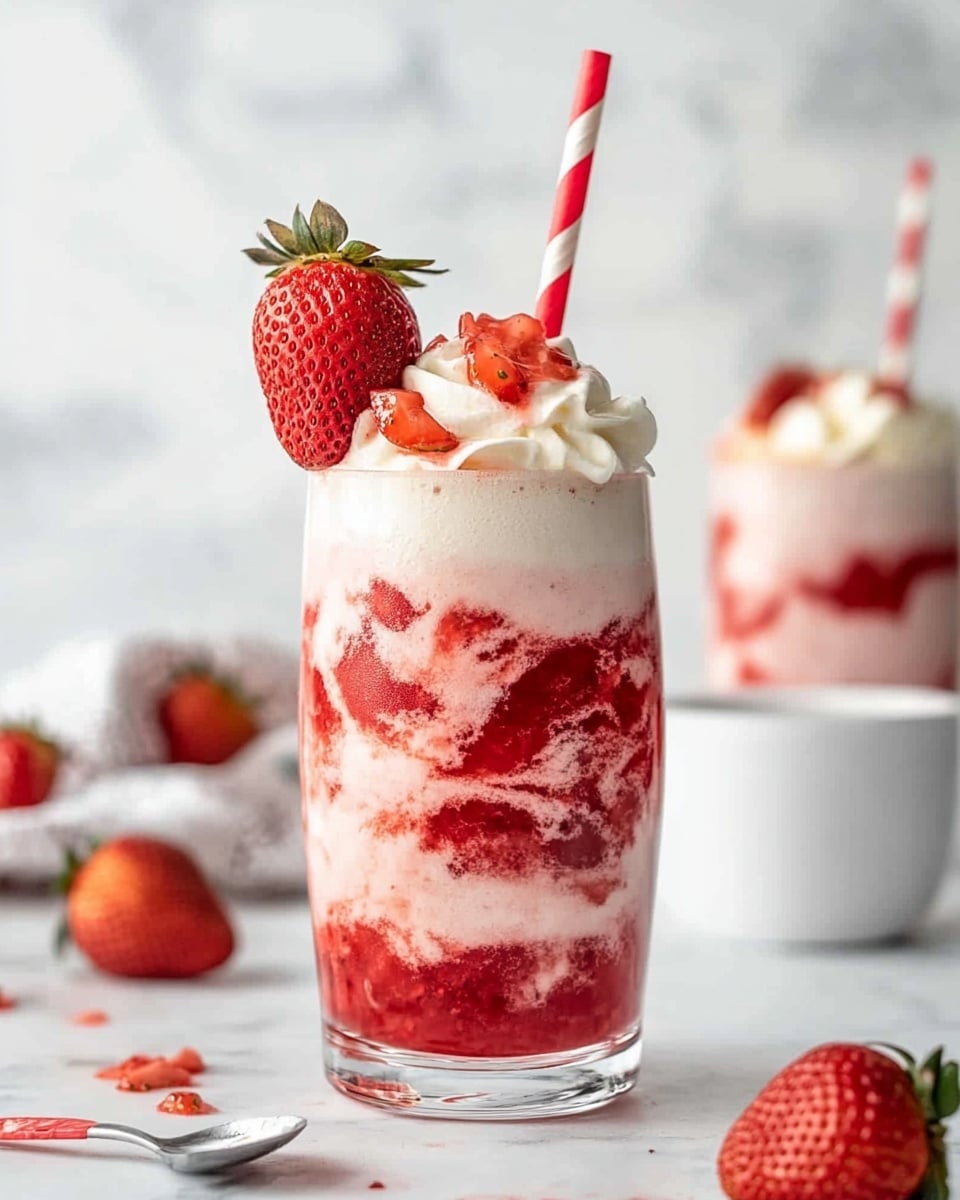 The image shows a tall clear glass filled with a three-layered drink. The bottom layer is a deep red strawberry puree with visible fruit chunks. The middle layer is a creamy, light pink mix with swirls of red puree blending through it. The top layer consists of more light cream with fresh strawberry pieces scattered on top. A strawberry is placed on the rim of the glass, next to a red and white striped straw. The glass sits on a white marbled surface with scattered small strawberry pieces around it. In the background, there is a second similar glass with a spoon in a white cup and a bowl with more strawberry mix. Photo taken with an iphone --ar 4:5 --v 6.1