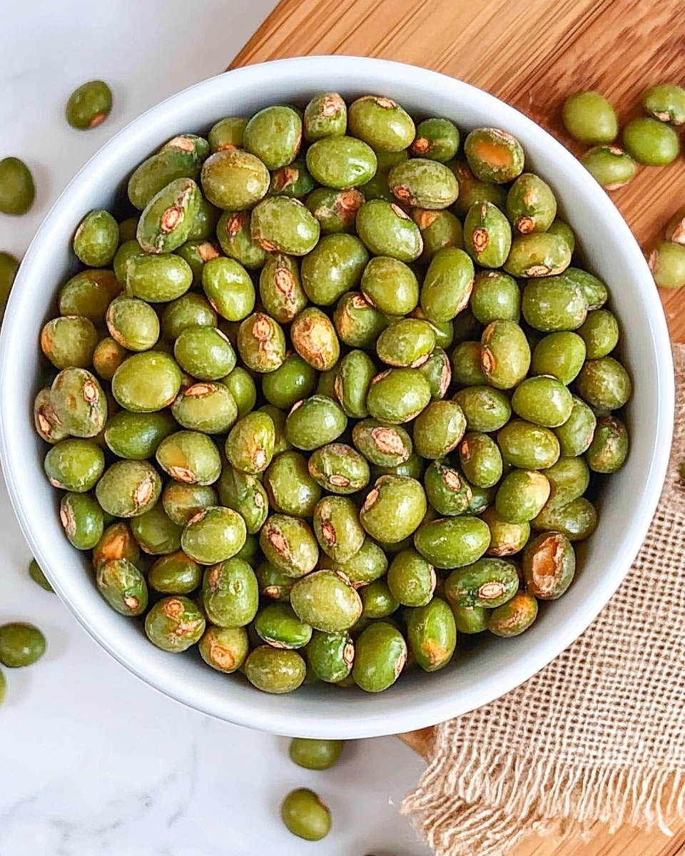 A close-up view of a white bowl filled with roasted green edamame beans that have browned spots showing they are crispy. The edamame beans have a shiny texture from oil and some granules of salt and seasoning are visible on them. The bowl is placed on a white marbled surface with a few roasted edamame beans scattered around it. photo taken with an iphone --ar 4:5 --v 6.1