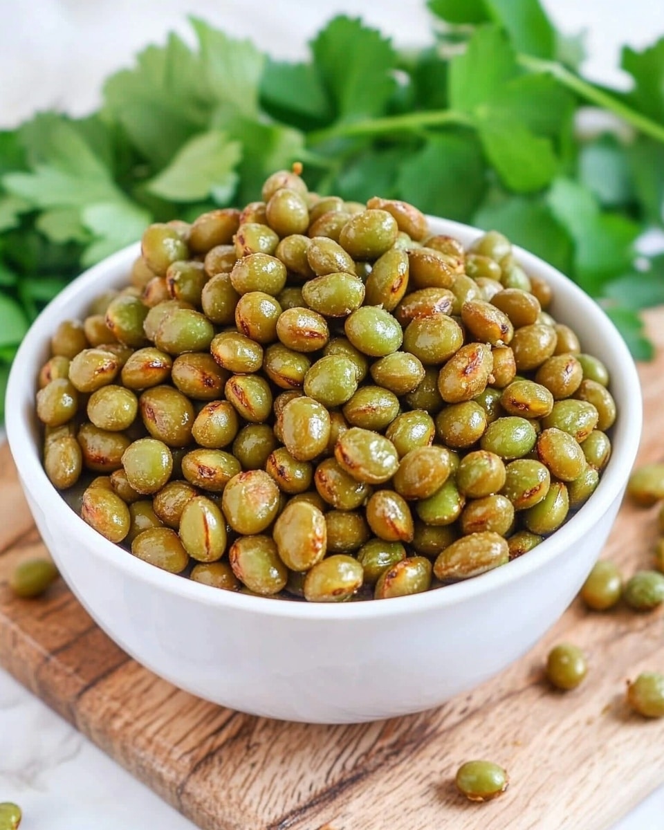 A white bowl filled with three-dimensional roasted green soybeans that are slightly browned on parts of their surfaces, giving a crispy texture look; the soybeans are piled high in the bowl, with some scattered around the bowl on a wooden board beneath it; in the background, there are fresh green leafy herbs slightly out of focus; the setting rests on a white marbled texture. photo taken with an iphone --ar 4:5 --v 6.1